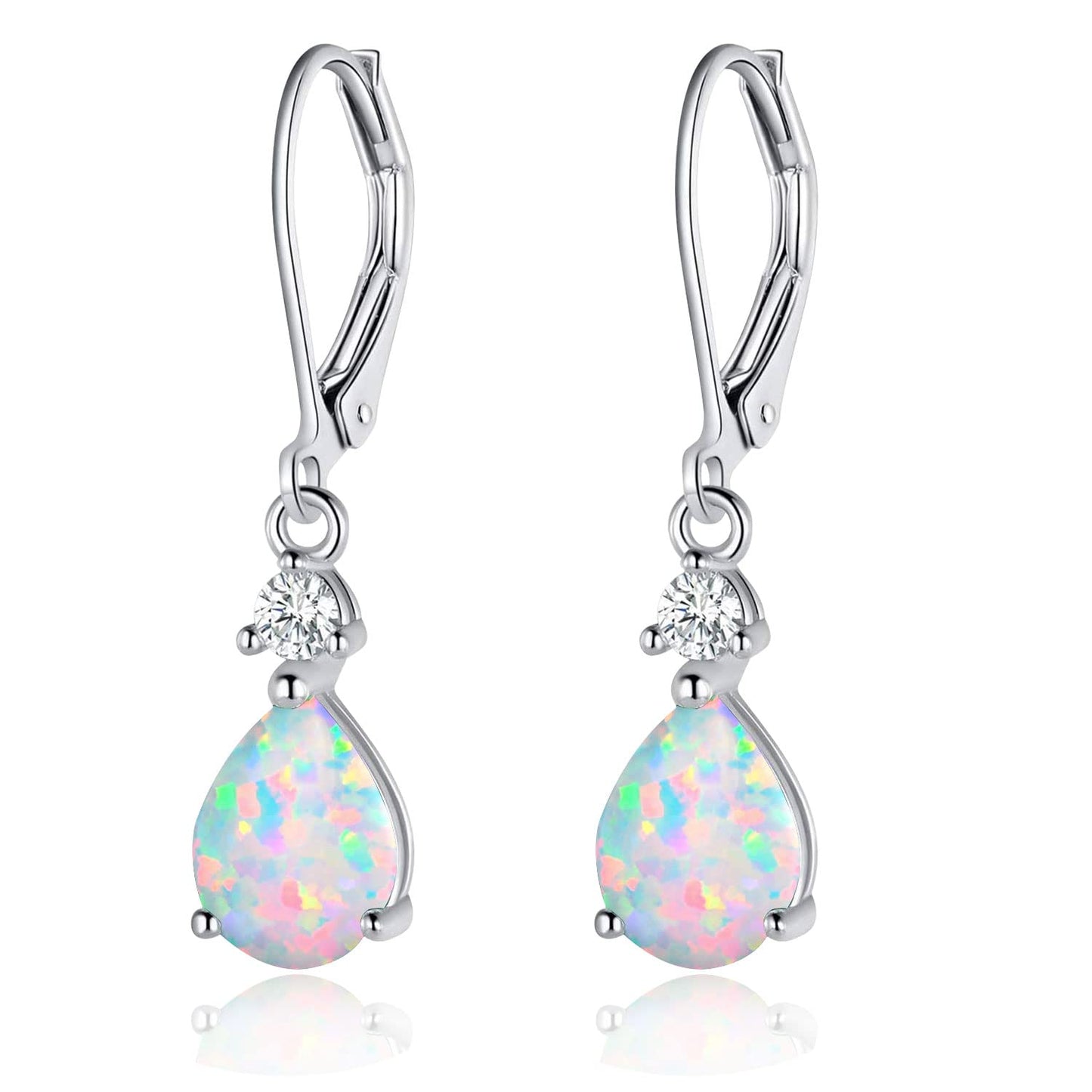 925 Sterling Silver Created White Fire Opal Birthstone Teardrop Earrings Drop Dangly Earring Leverback Hypoallergenic Jewelry for Women