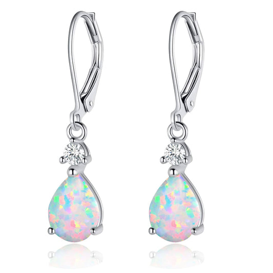 925 Sterling Silver Created White Fire Opal Birthstone Teardrop Earrings Drop Dangly Earring Leverback Hypoallergenic Jewelry for Women