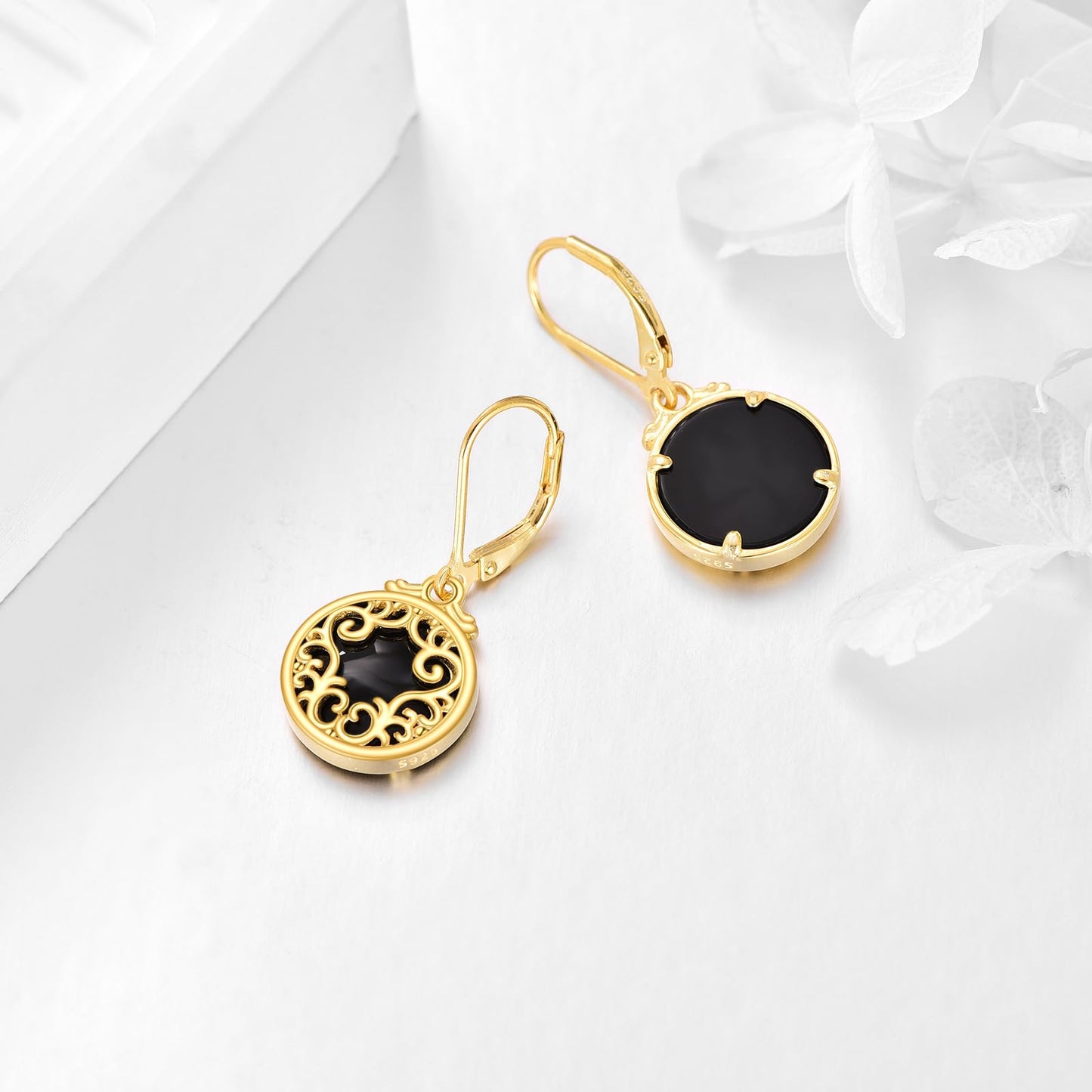 Black Onyx Dangle Drop Earrings for Women Sterling Silver 18K Yellow Gold Plated Filigree Black Onyx Leverback Earrings Jewelry Gifts