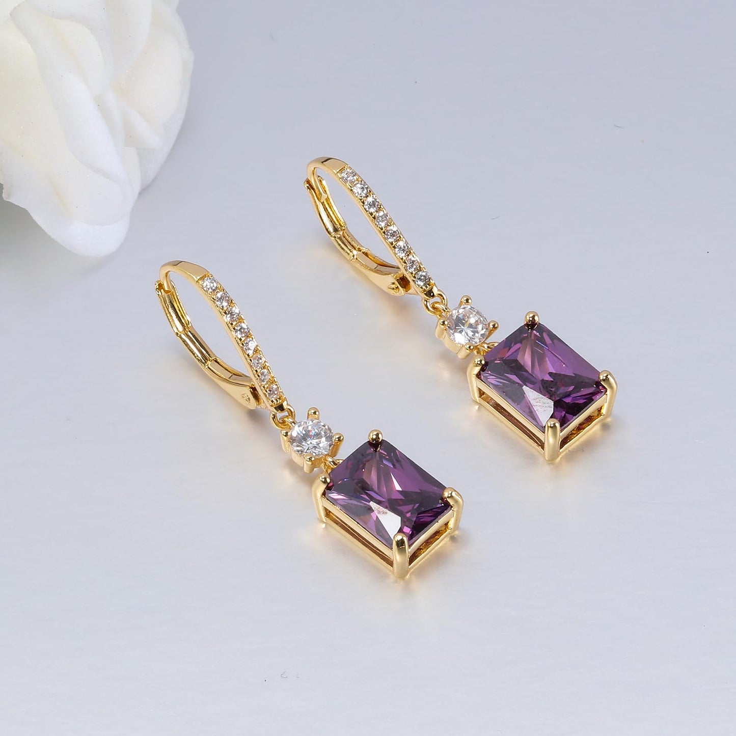 CiNily Leverback Earrings for Women Rectangular-cut Drop Dangle Earring Hypoallergenic, 14K Gold Plated Purple Cubic Zircon Earrings Diamond Dangle Ear Rings Jewelry Birthday