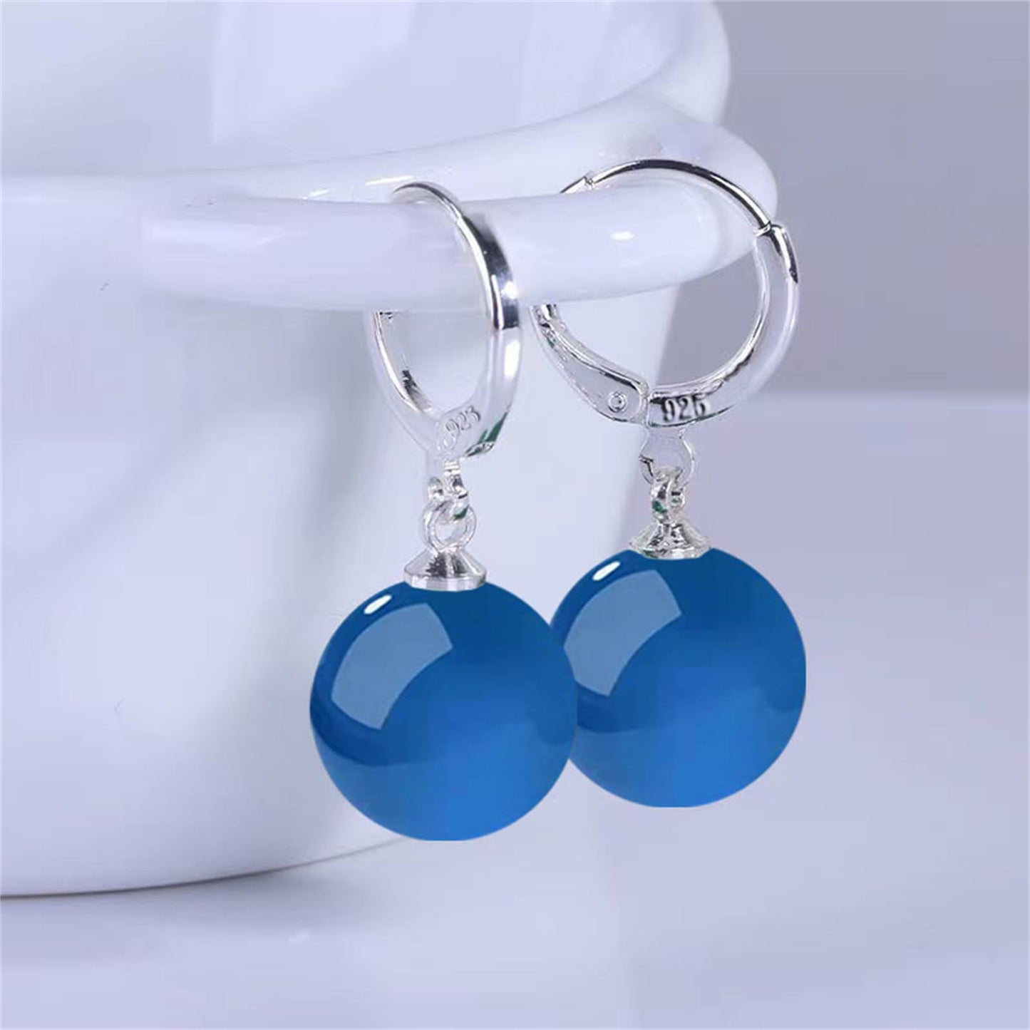 QLYOVWE Handmade Jade Earrings Basic Gemstone Round 12MM Bead Ball Drop Dangle Earrings Rose Quartz Stone Natural Agate Bead Jade Drop Earrings for Women (Blue)