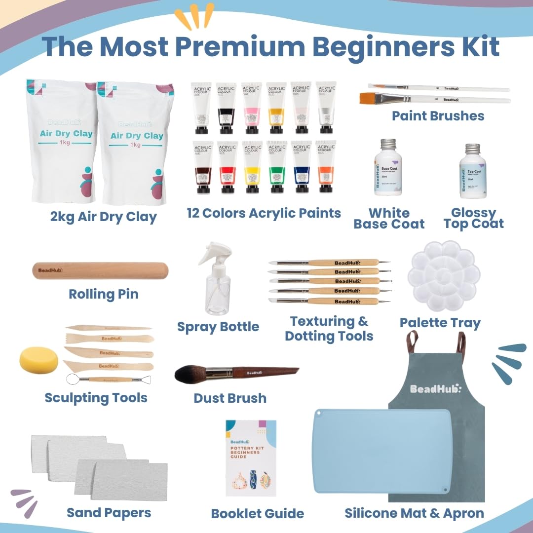 Pottery Kit for Beginners, 4.4LBS Air Dry Clay for Adults with Sculpting Tools, Paint, Glaze, 2kg Air-Dry Modeling Clay | Molding, Sculpt & Painting Set, Hobby Date Night DIY Art Craft Kits (White)