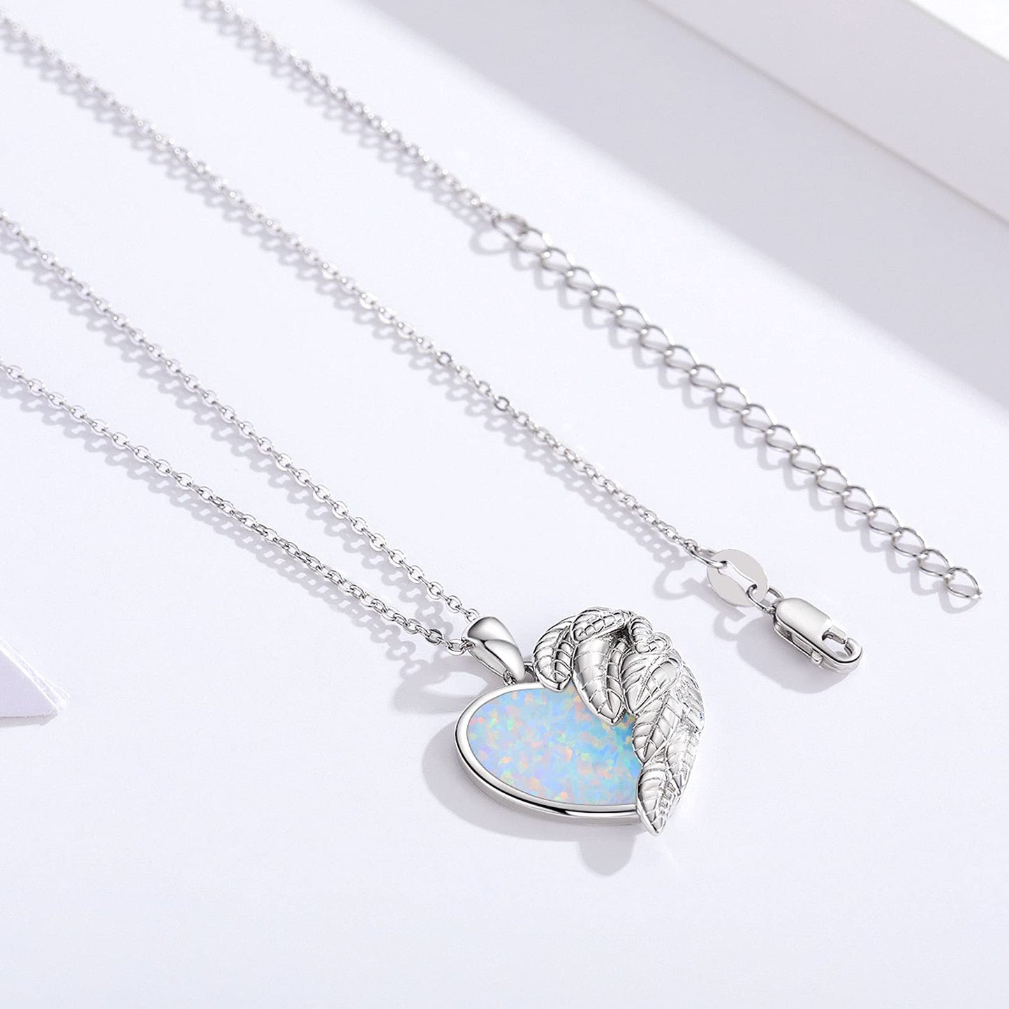 CUOKA MIRACLE Angel Wing Heart Opal Necklace 925 Sterling Silver Guardian Angel Wings Pendant Necklace Half Wing Pendant Dainty Rainbow Opal Necklace Jewelry for Women Mon Gifts