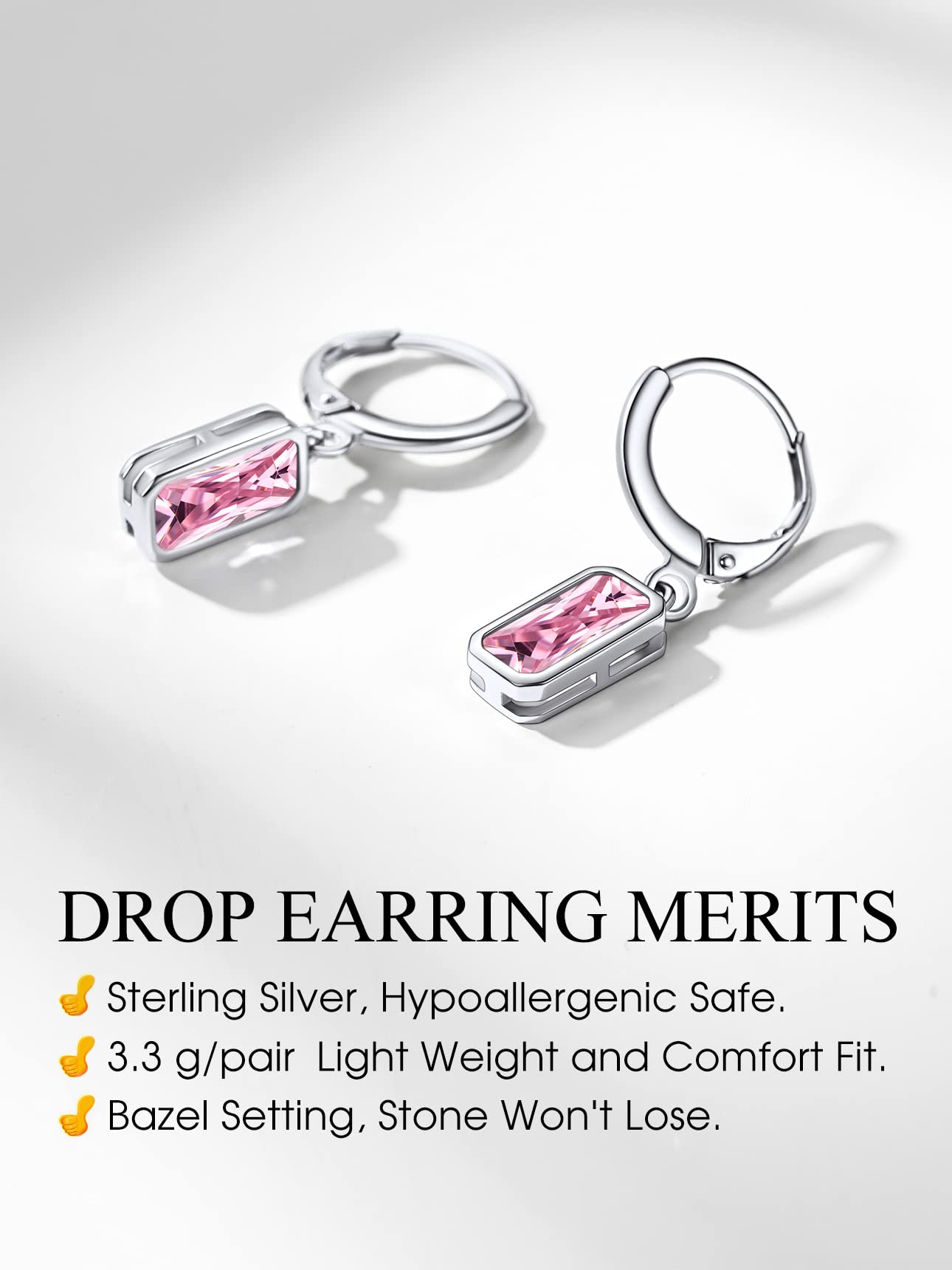 Bestyle Silver Pink Tourmaline Drop Earrings | Hypoallergenic Silver Huggie Hoop Leverback Earrings | Small Sparkle October Birthstone Dangle Earrings For Women