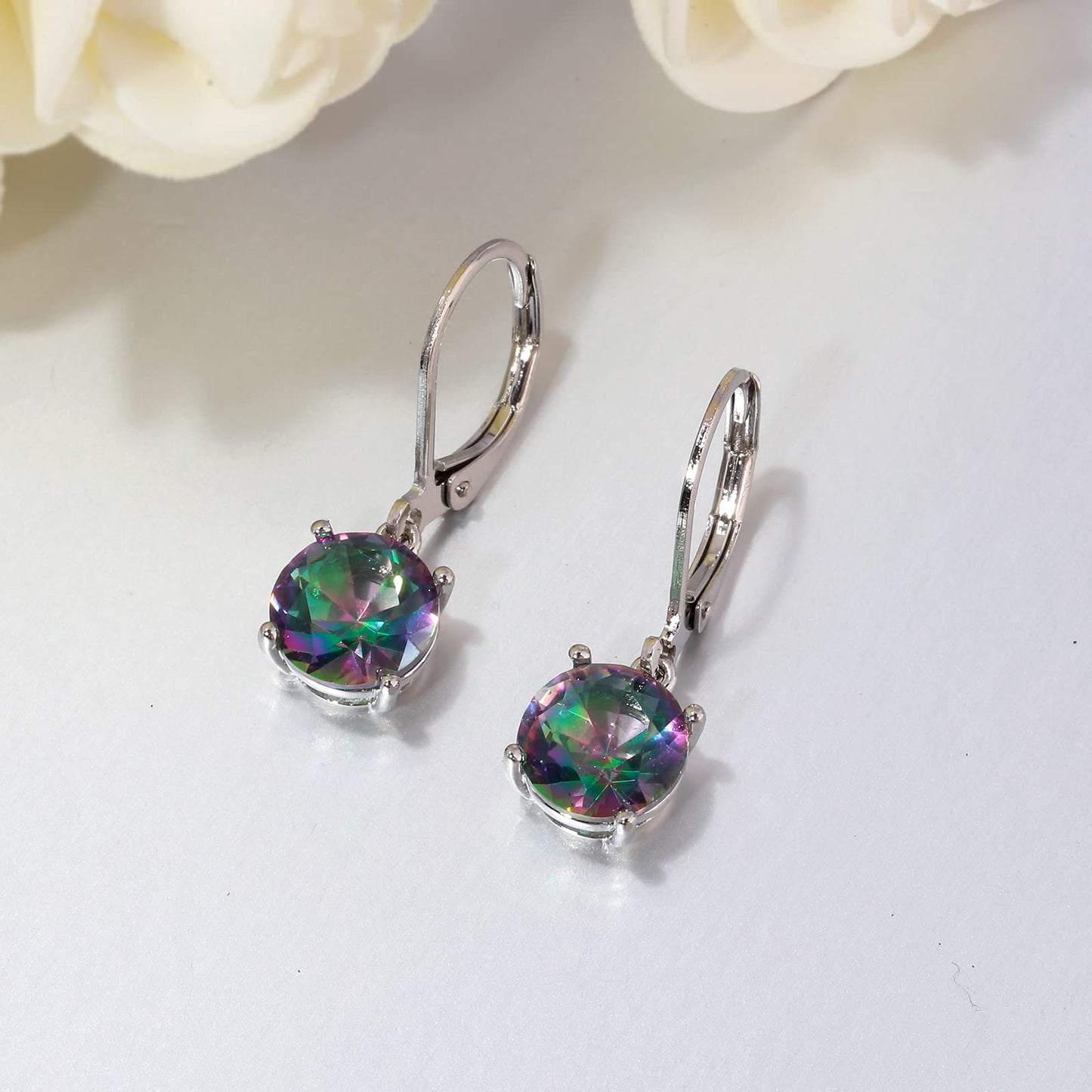 CiNily Leverback Dangle Earrings Created Mystic Rainbow Crystal Drop Earrings White Gold Plated Hypoallergenic Jewelry for Women for Sensitive Ears 8 mm