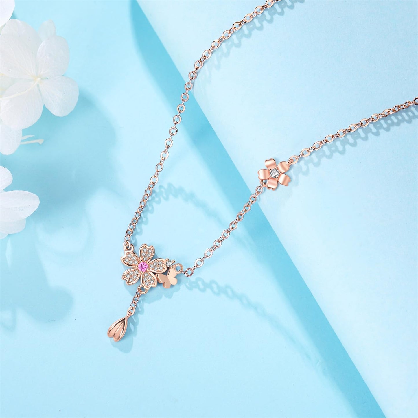 MISEFF 925 Sterling Silver Fashion Pendant Necklace for Women，Fashion Jewelry, 18K Gold Plated， Advanced Retro Series Link Chains ，Basic Multifunctional Accessories Suitable for Multiple Occasions and Daily Wear (Cherry Blossom Butterfly)