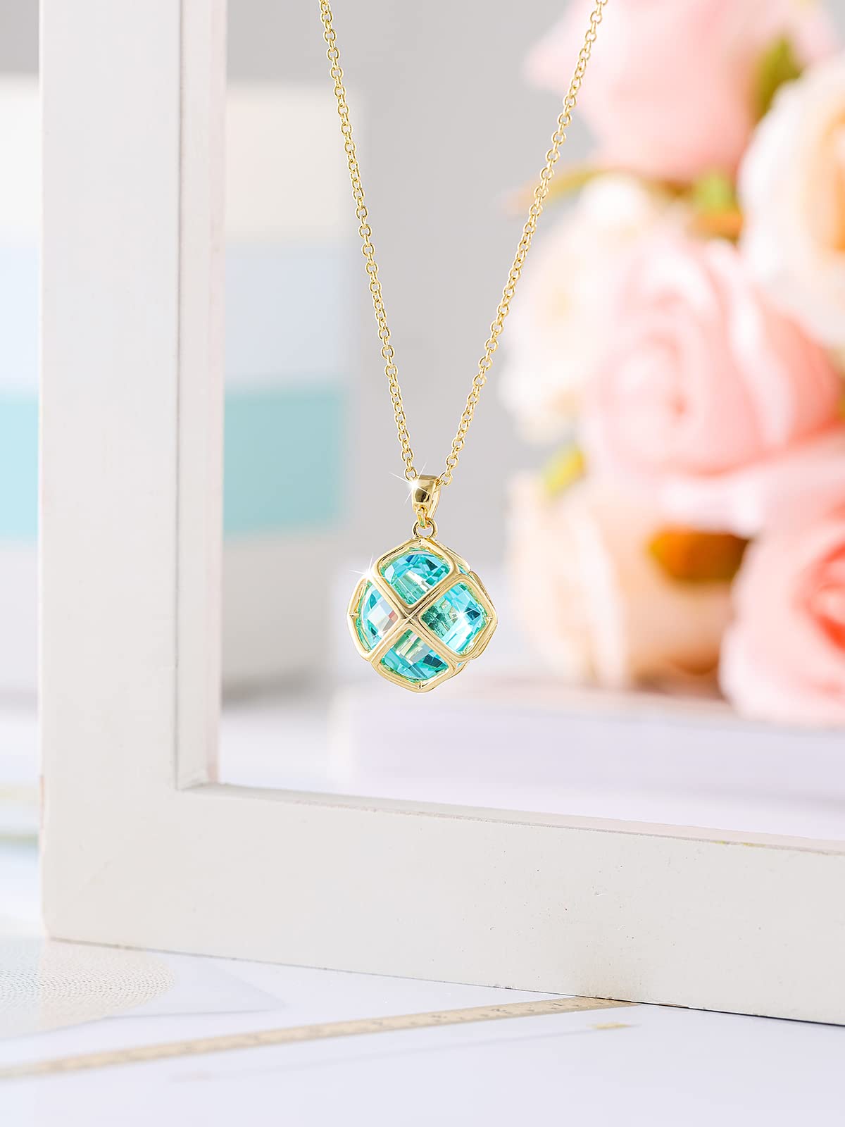 Qinpan 14MM Crystal Pendant Dangle Necklace Earrings Sets for Women Glod Plated Costume Jewelry, 38*17.8mm, Yellow Gold, Rose Quartz