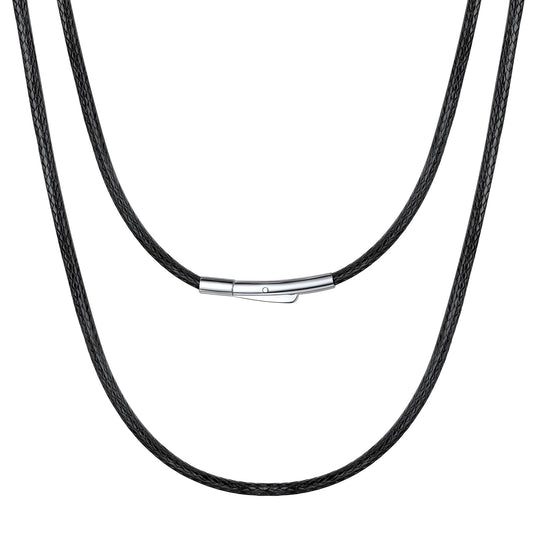 Bestyle 2MM Black Leather Necklace for Men Women,Waterproof Wax Woven Rope Chain with Stainless Steel Clasp, Leather Cord Necklace for Pendants 30"