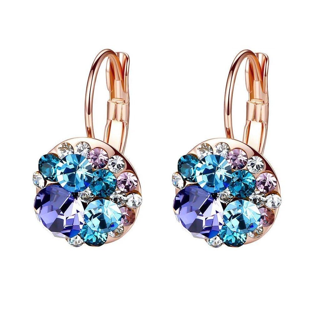 Multicolored Austrian Crystal Drop Earrings for Women 14K Gold Plated Hypoallergenic Leverback Hoop Earrings