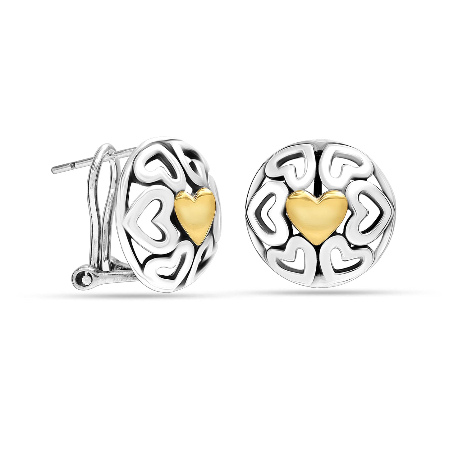 LeCalla 925 Sterling Silver Omega Back Earrings Jewelry Small Medium Two-Tone Crossover Round Antique Dome Heart Omega-Clip Back Medium Stud Earring for Women - 12MM