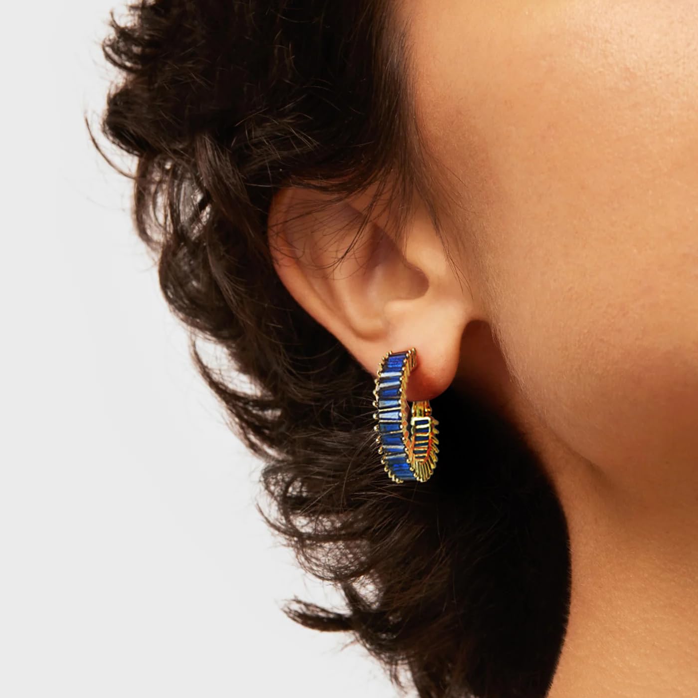 GLOQUAT Gold Blue Sapphire Hoop Earrings 14K Gold Plated Sapphire Earrings for Women Vintage Baguette Cubic Zirconia Hoop Earring Fashion Round Circle Hoops Blue Jewelry for Women 25mm