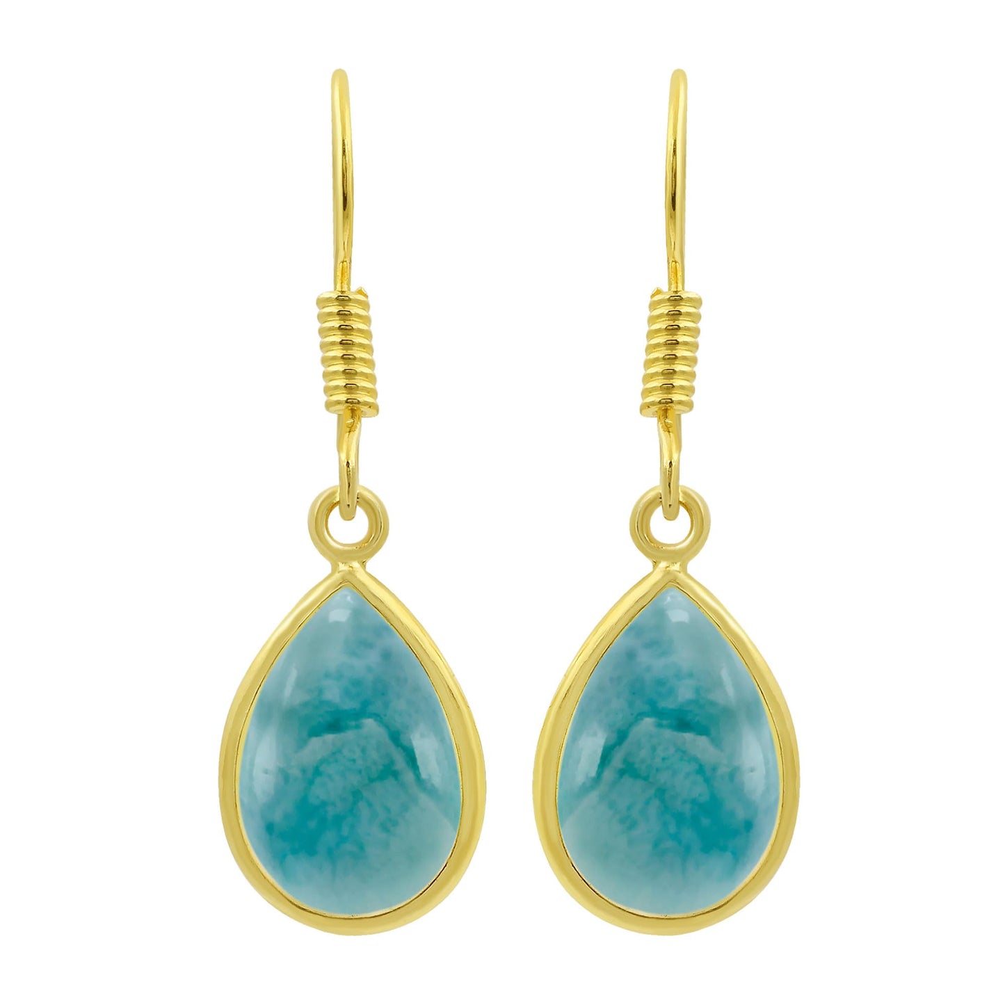 Natural Larimar 14K Yellow Gold Plated Dangle Earrings for Women - Teardrop Shape Blue Gemstone Vintage Style Handmade Earrings - Christmas Wedding Gifts for Her