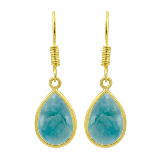 Natural Larimar 14K Yellow Gold Plated Dangle Earrings for Women - Teardrop Shape Blue Gemstone Vintage Style Handmade Earrings - Christmas Wedding Gifts for Her