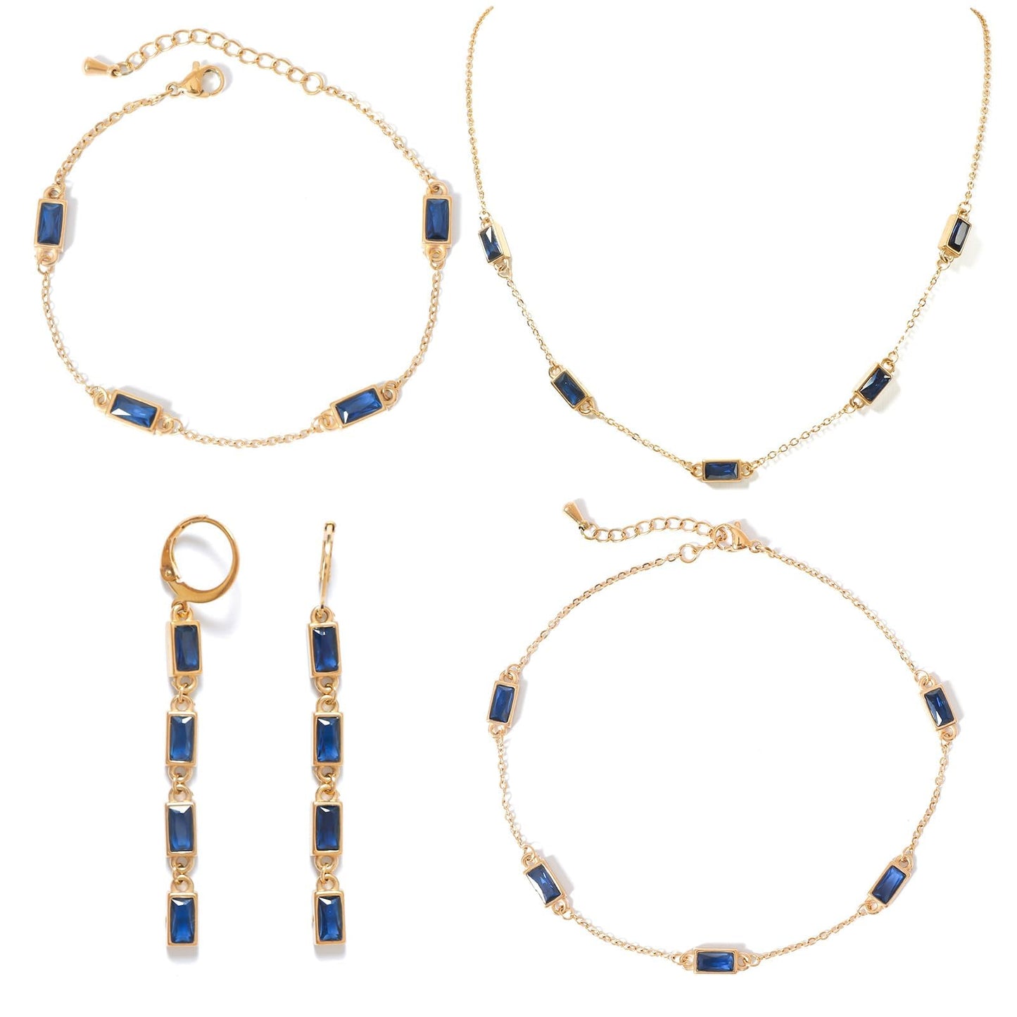 TaYolnFaSo Sapphire Blue Cubic Zirconia Jewelry Set for Women Emerald-cut Blue Necklace Earring Bracelet Anklet September Birthstone Sapphire CZ Jewelry Gift for Wife Girlfriend Mother