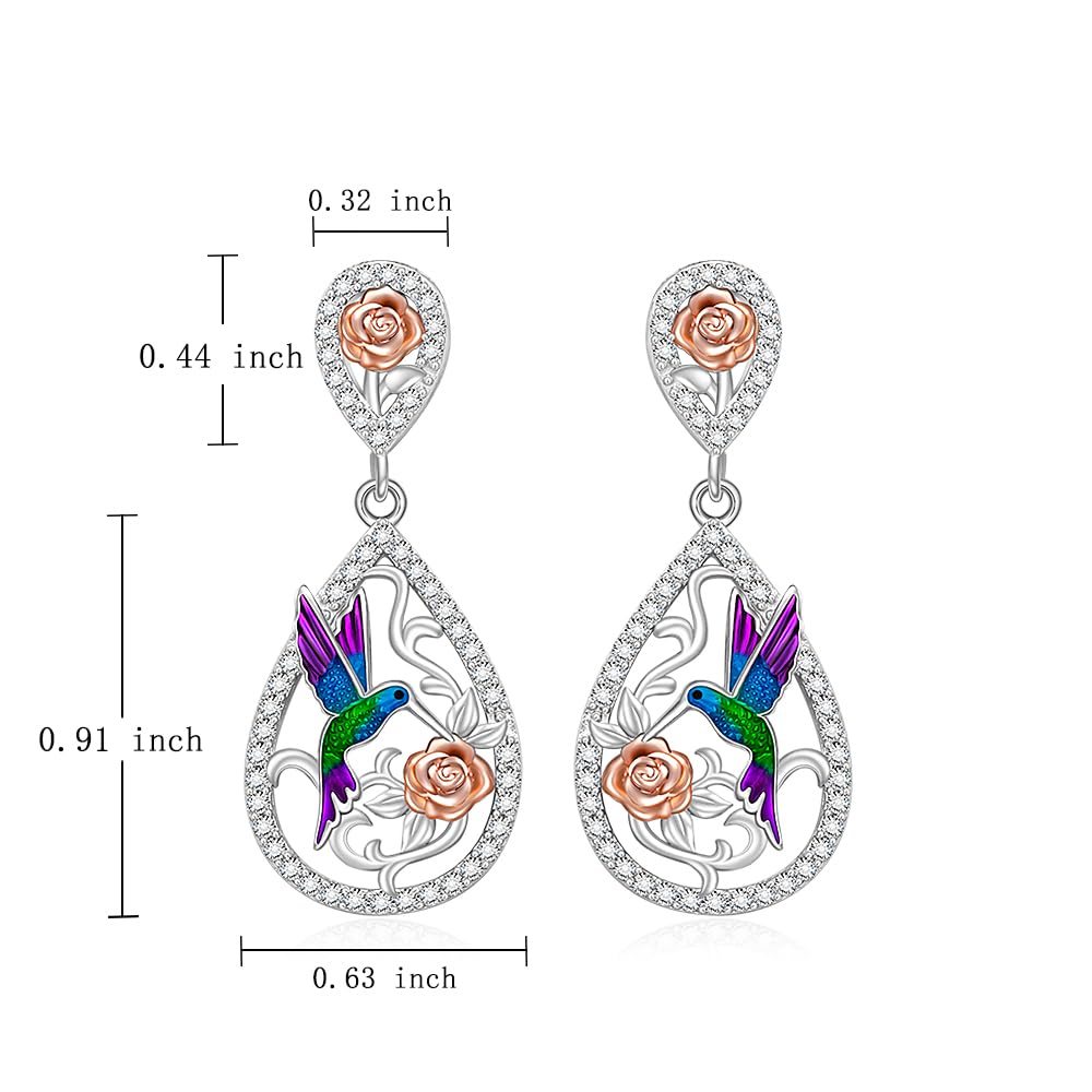 Hummingbird Earrings for Women 925 Sterling Silver Rose Dangle Drops for Women Cubic Zirconia Bird and Rose Design Dangle Drop Earrings Gifts for Lovers