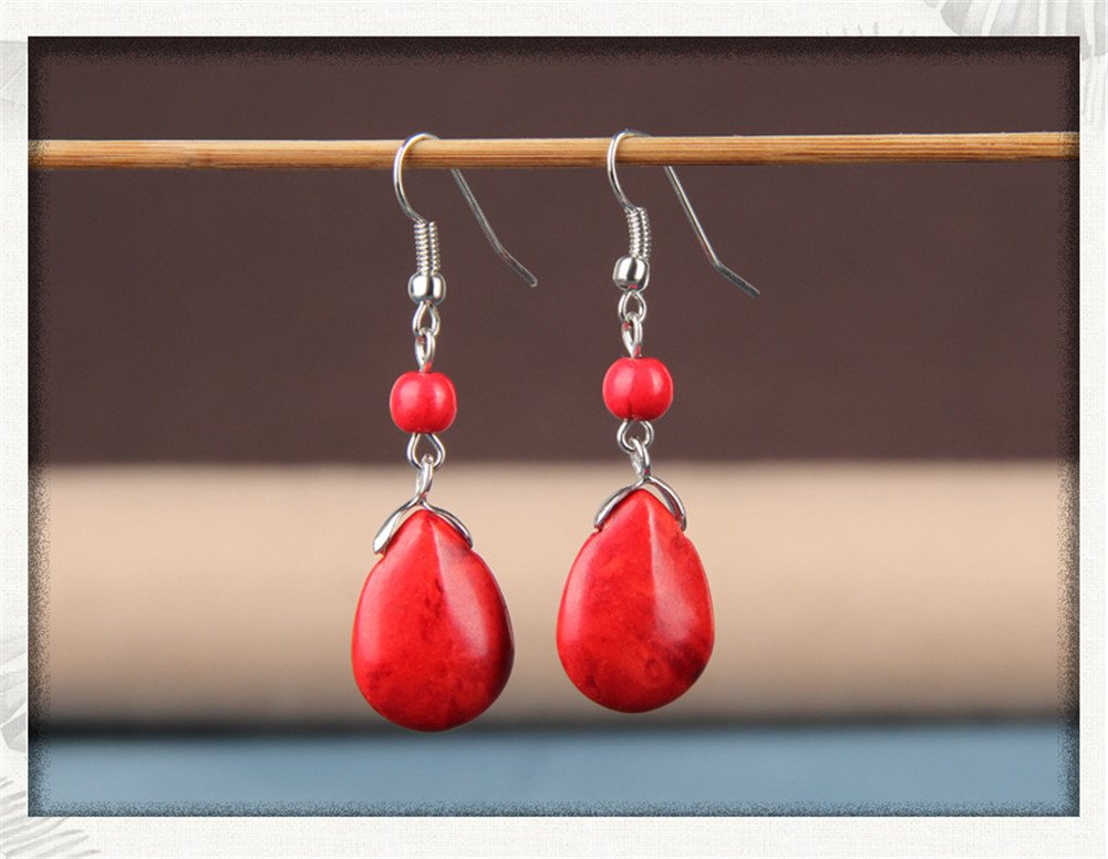 Double Lapis Lazuli Drop Earrings Natural Stone Round Bead Dangle Earrings for Women Fashion Jewelry Gift­ (F:red)