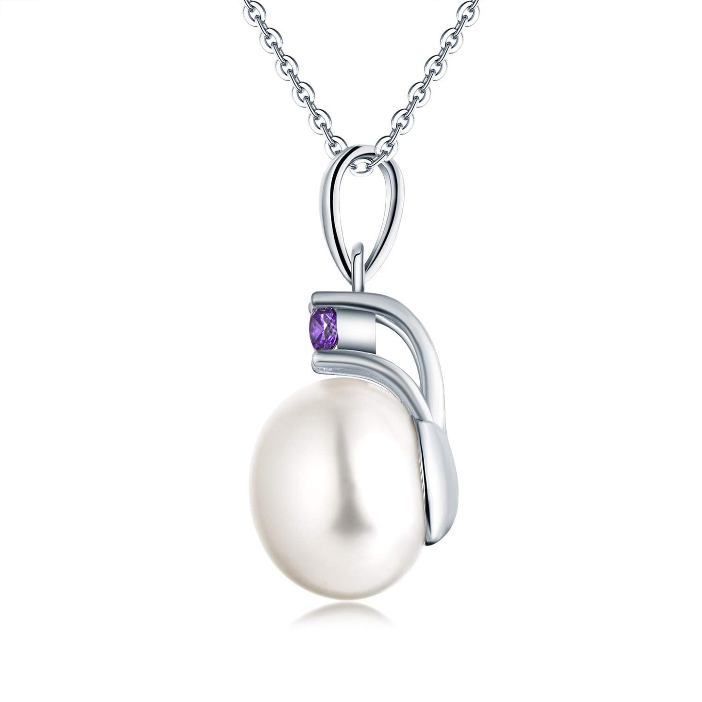 JO WISDOM Women Necklace,925 Sterling Silver Cubic Zirconia 10mm White Freshwater Pearl Pendant Necklace,February Birthstone Amethyst Color
