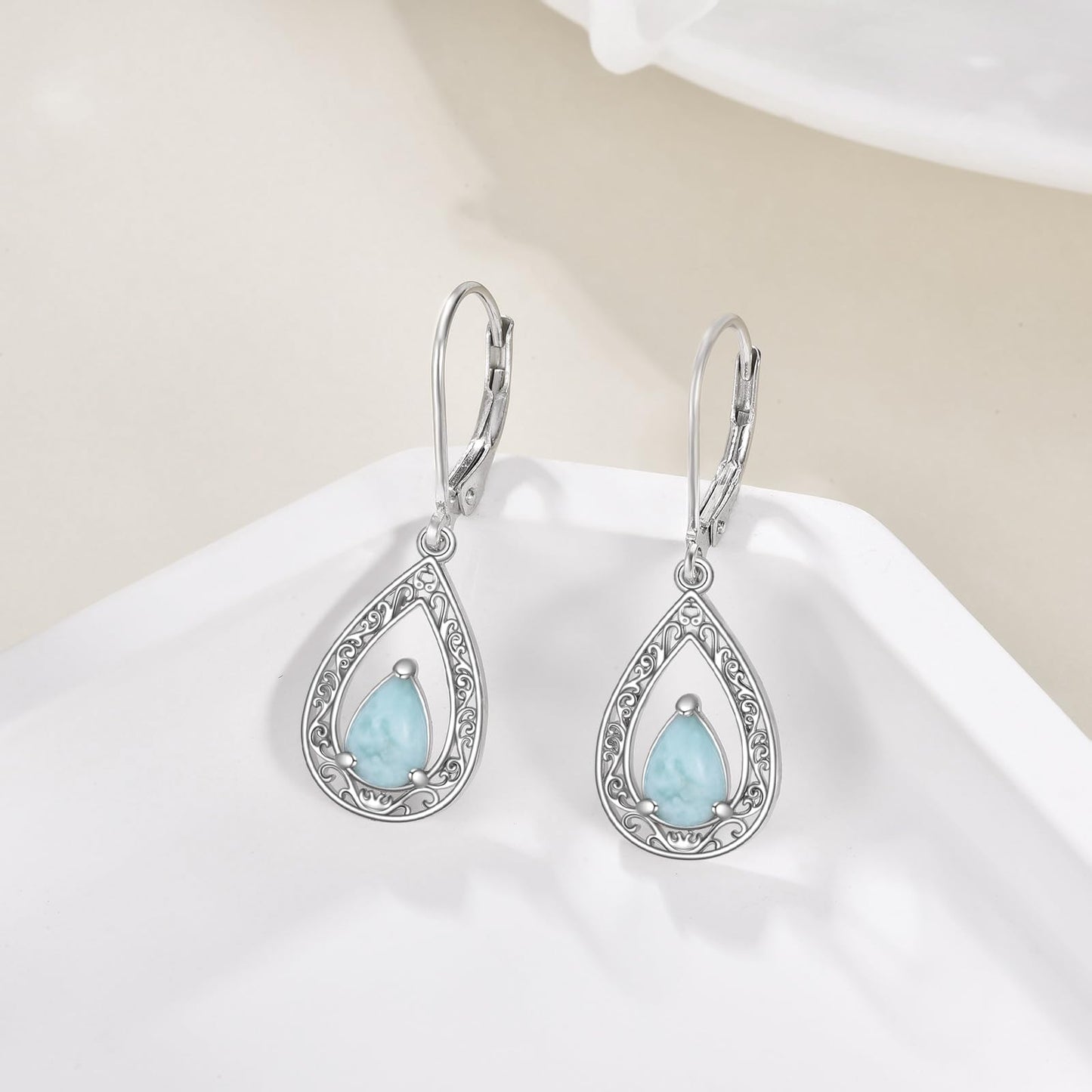 VONALA Filigree Larimar Earrings 925 Sterling Silver Larimar Leverback Earrings Teardrop Dangle Dangling Earrings Jewelry Gift for Women