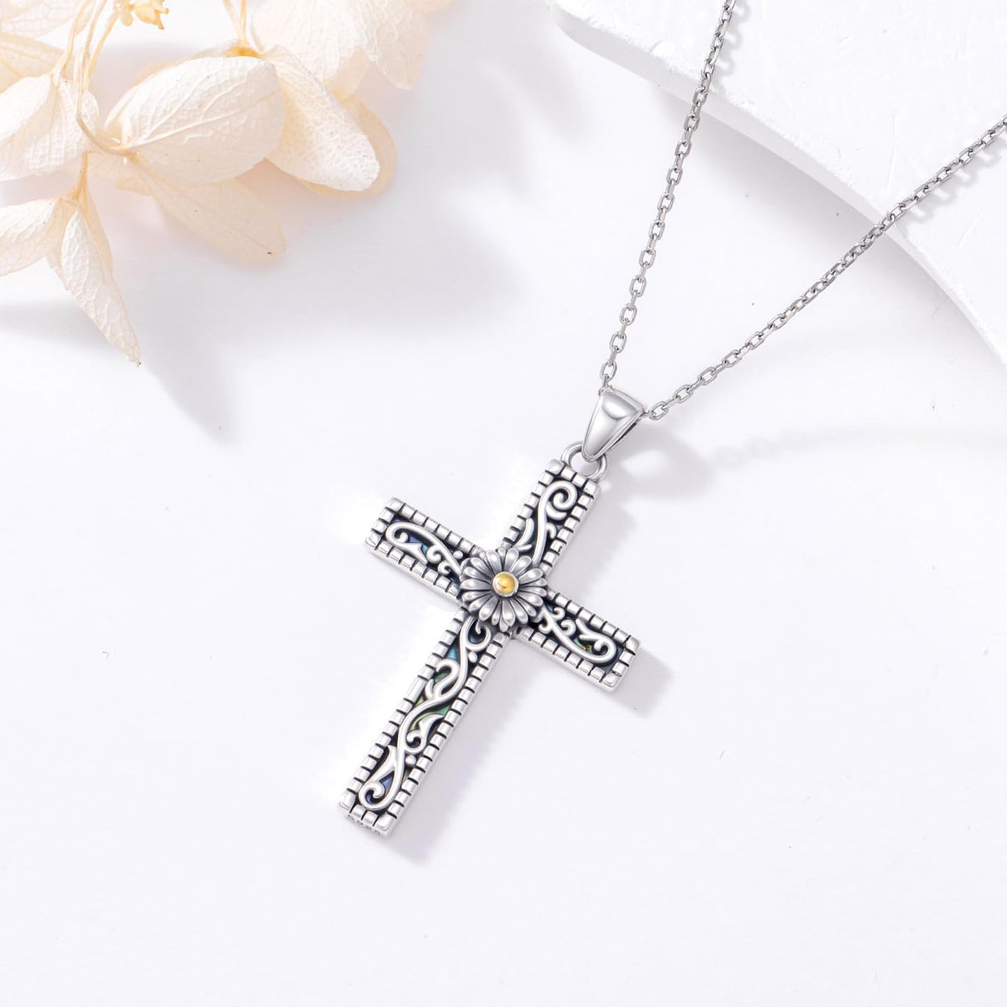 KoyeKei Daisy Necklace 925 Sterling Silver for Women Daisy Flower Cross Filigree Necklaces Pendant Christian Religious Abalone Jewelry Gifts for Mothers Day Birthday Mom Grandma Sister