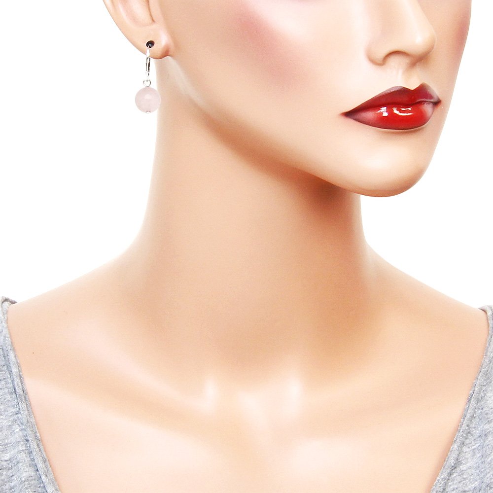 Falari 10mm Round Natural Stone Earring High Polished Rhodium Leverback Rose Quartz