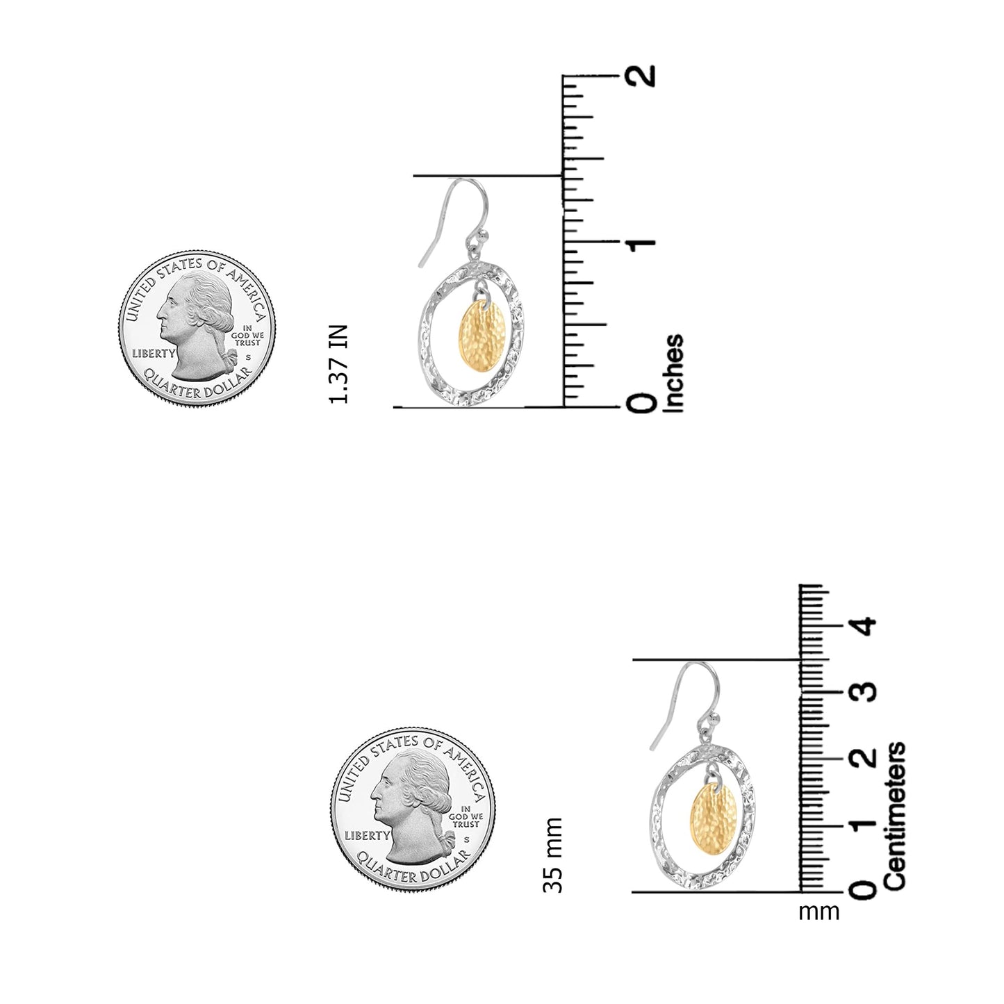 LeCalla 925 Sterling Silver Jewelry Classic Hammered Double Dangling Earrings Italian Hammered Design Two-Tone Disc Drop Earrings for Women 35 MM