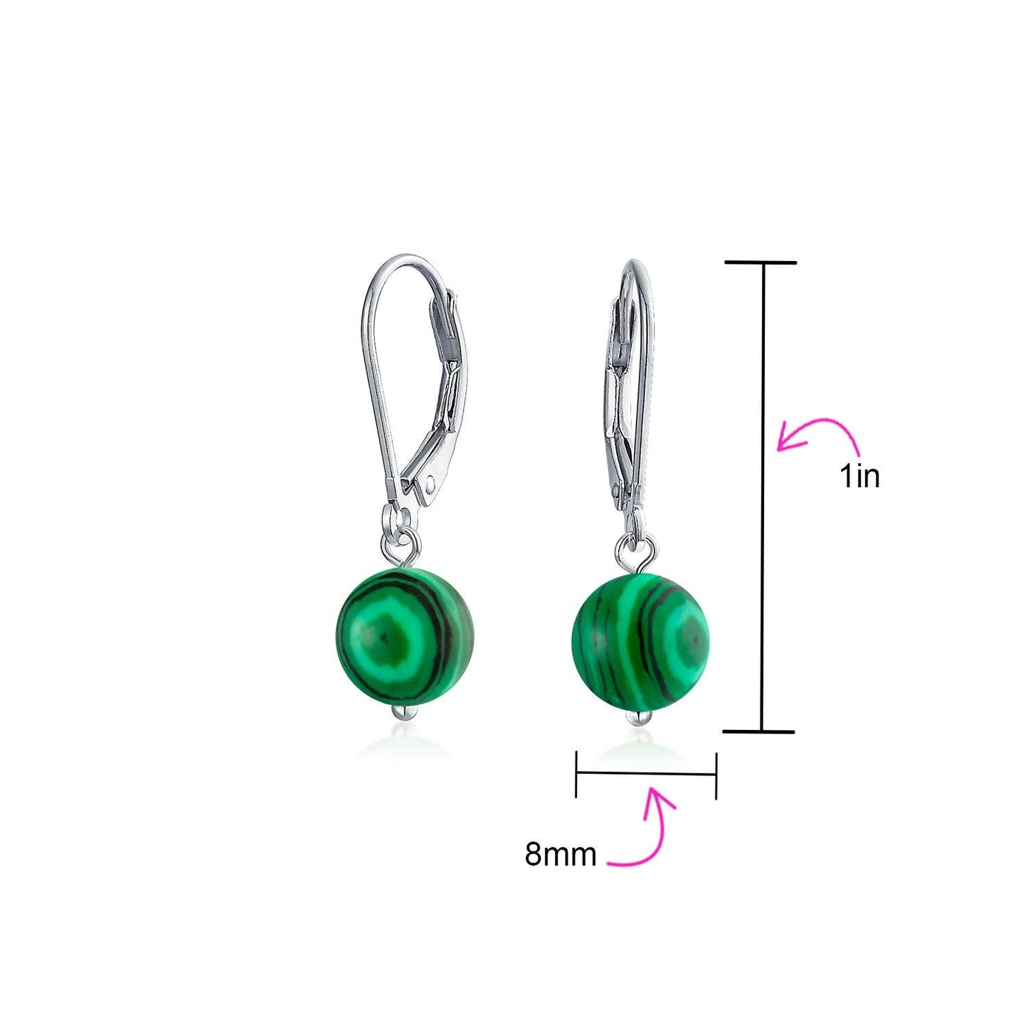 Bling Jewelry Timeless .925 Sterling Silver Brown Tiger-Eye and Dark Green Malachite Bead 8mm Ball Drop Earrings Secure Lever Back Genuine Gemstone (Set of 3)