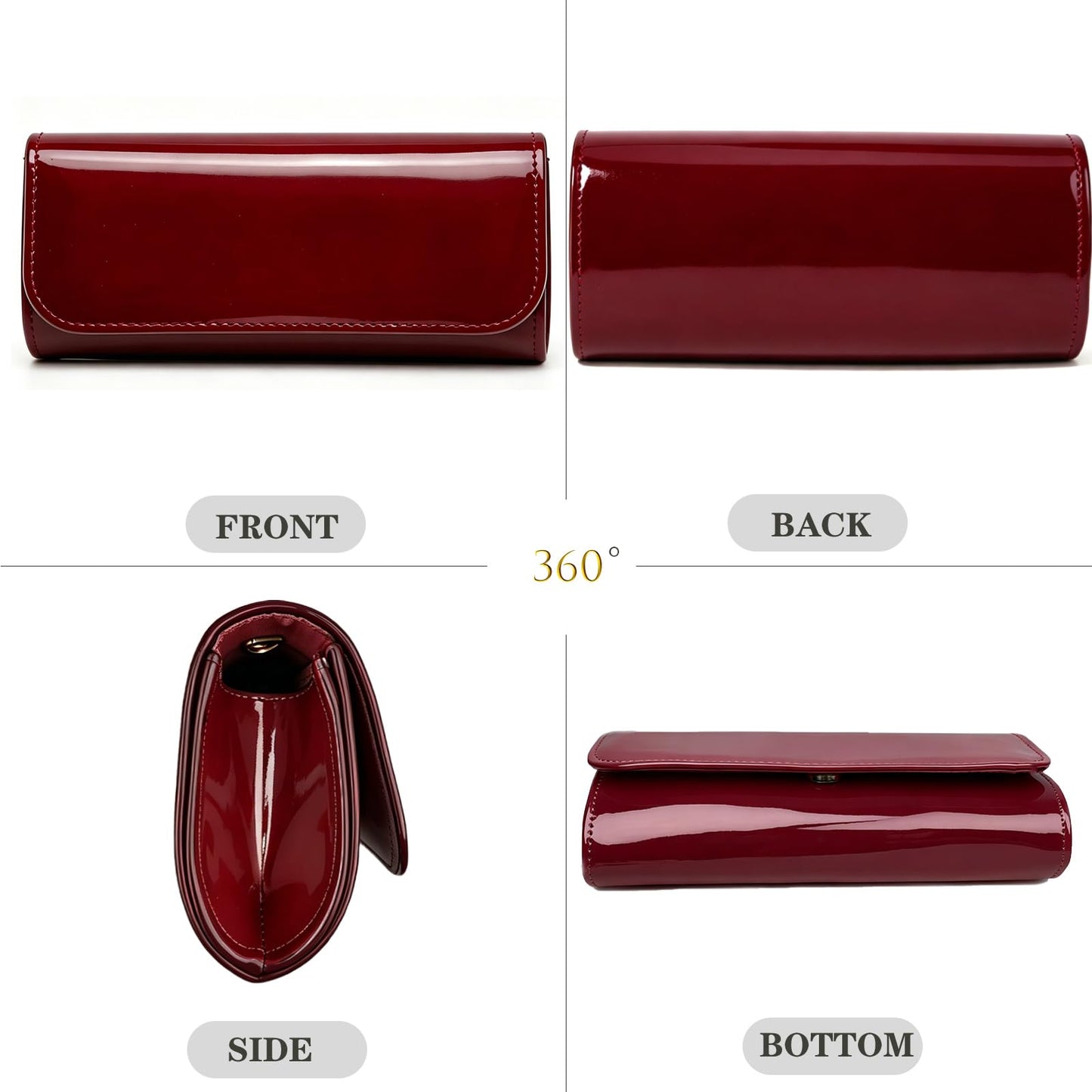 BYWAUQI Patent Leather Clutch Purses for Women Envelope Evening Bag with Detachable Chain for Formal Wedding Cocktail Party Prom Burgundy