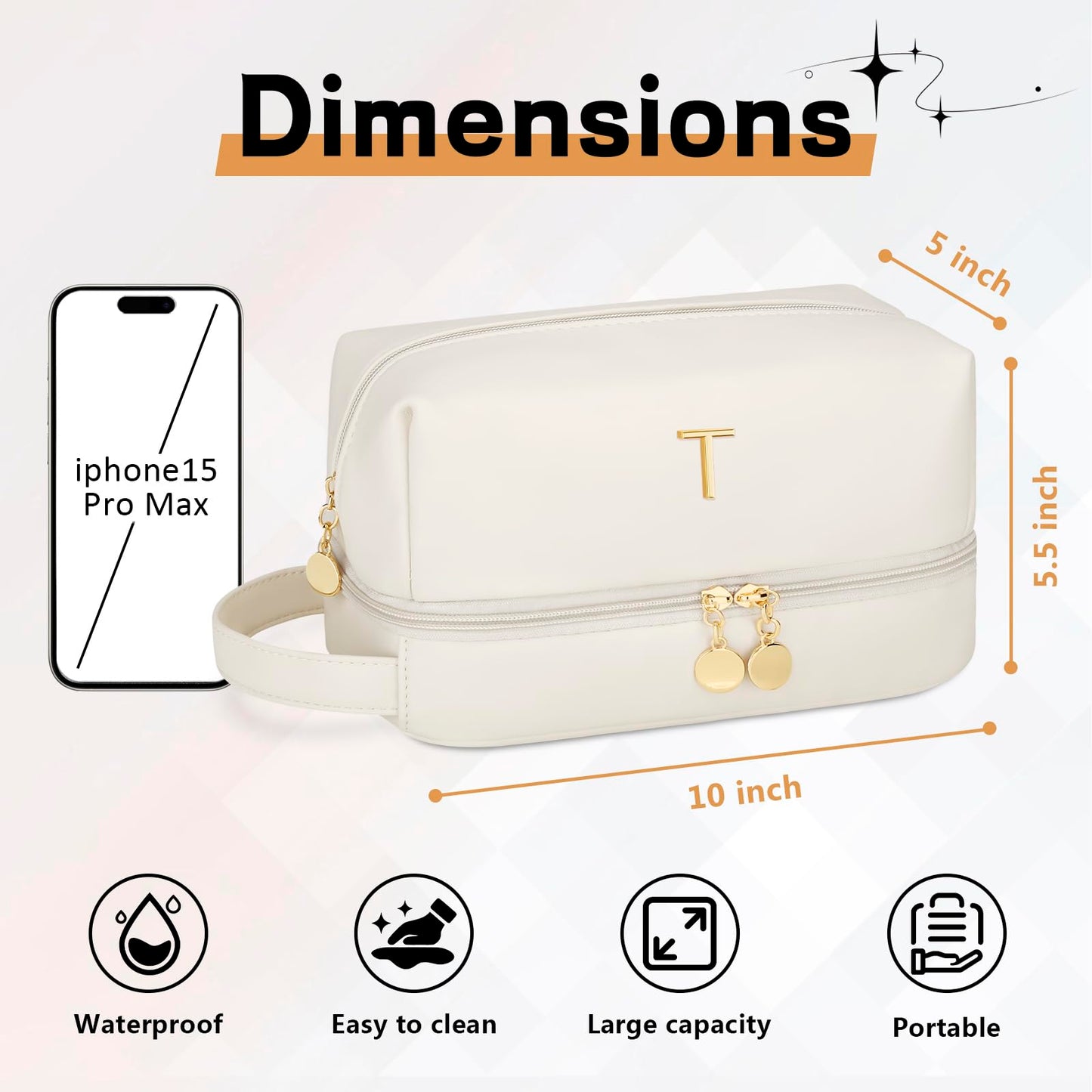 CLOUDWINGS Initial Makeup Bag for Women - Personalized Double Layer Cosmetic Bags with Makeup Brush Organizer, Hanging Travel Toiletry Bag with Large Capacity, Gifts for Mom Girlfriend Wife（Beige,T）