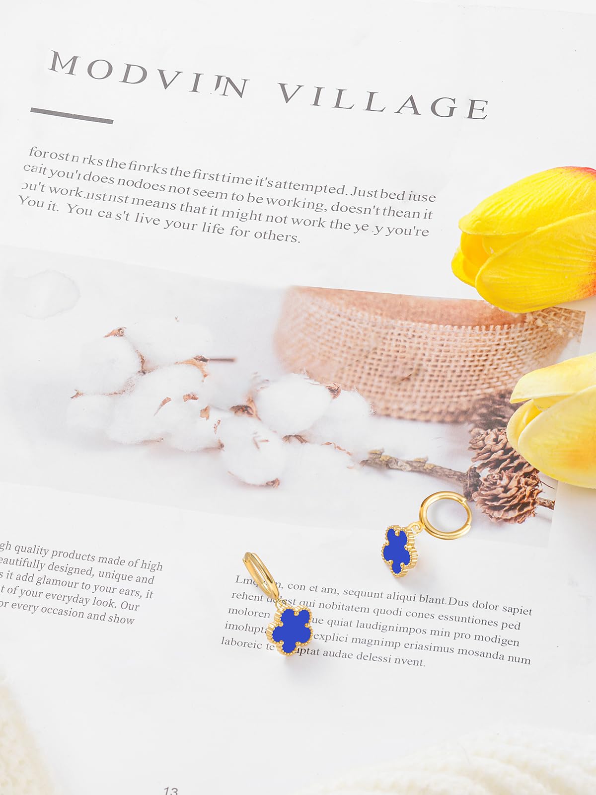 Gold Plated Five Leaf Clover Dangle Earrings for Women Lucky Flower Jewelry (Royal Blue-14K Gold Plated)
