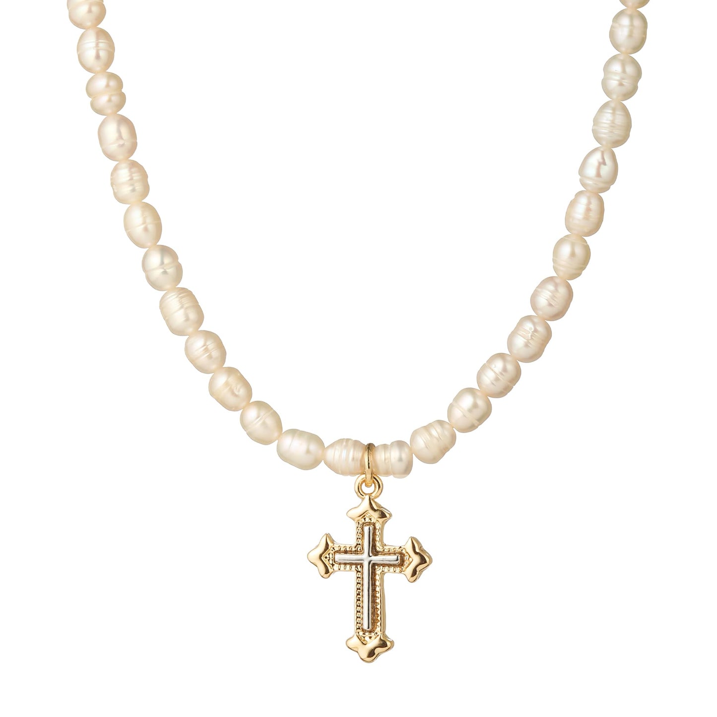 wgoud Natural Freshwater Pearl Choker Necklace for Women, Trendy 14K Gold Plated Pearl Necklaces Handmade Jewelry Gift (Cross Two-tone)