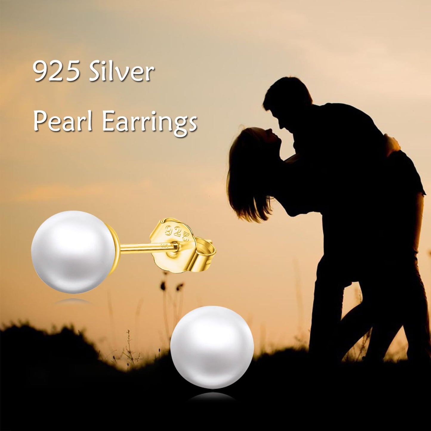POPLYKE Sterling Silver Real Freshwater Cultured Pearl Stud Earrings for Women Gold Pearl Earrings Wedding Bridesmaids Anniversary（Yellow Gold）