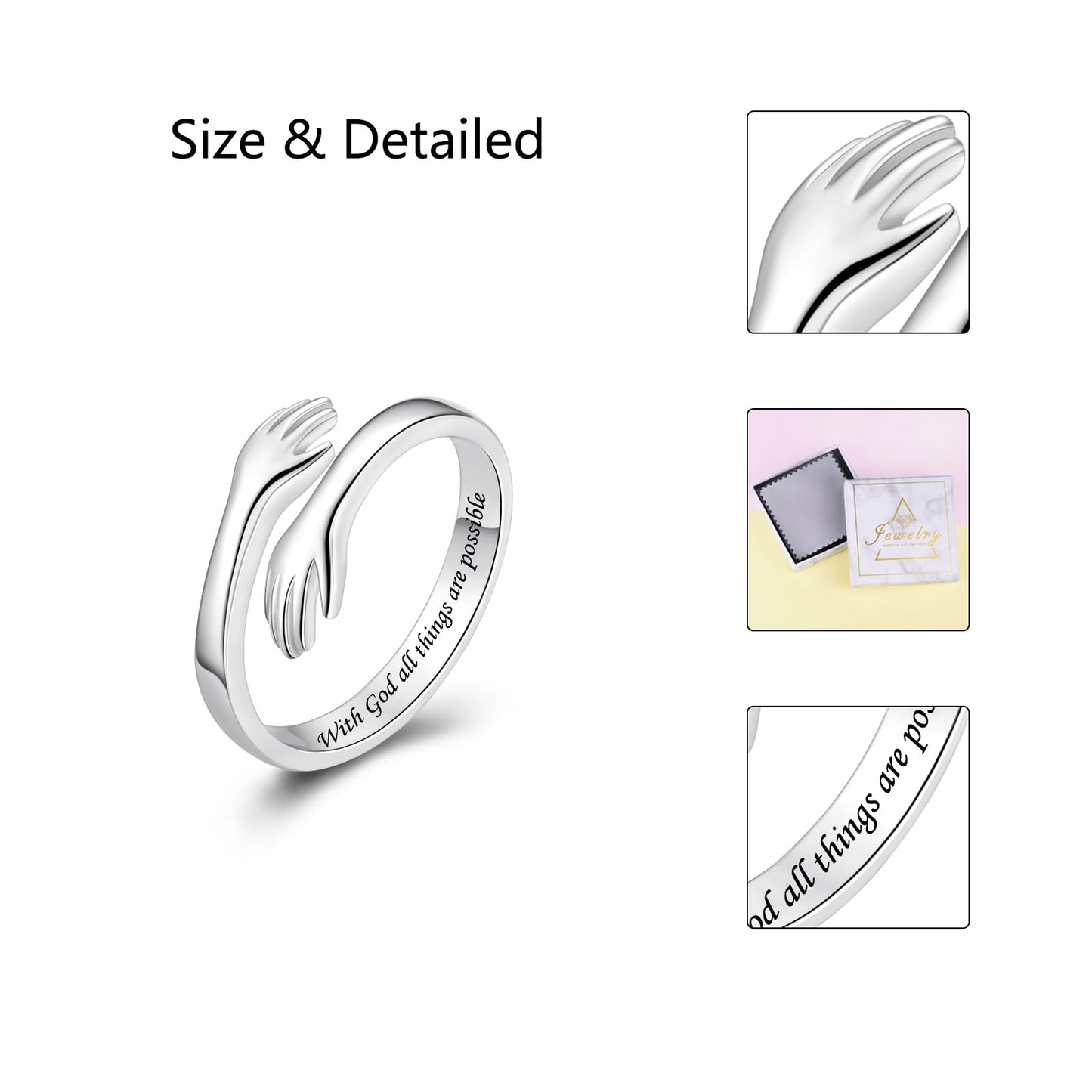 ACJFA S925 Sterling Silver Hug Ring for Women Adjustable Thumb Ring Birthday Gifts (With God all things are possible)