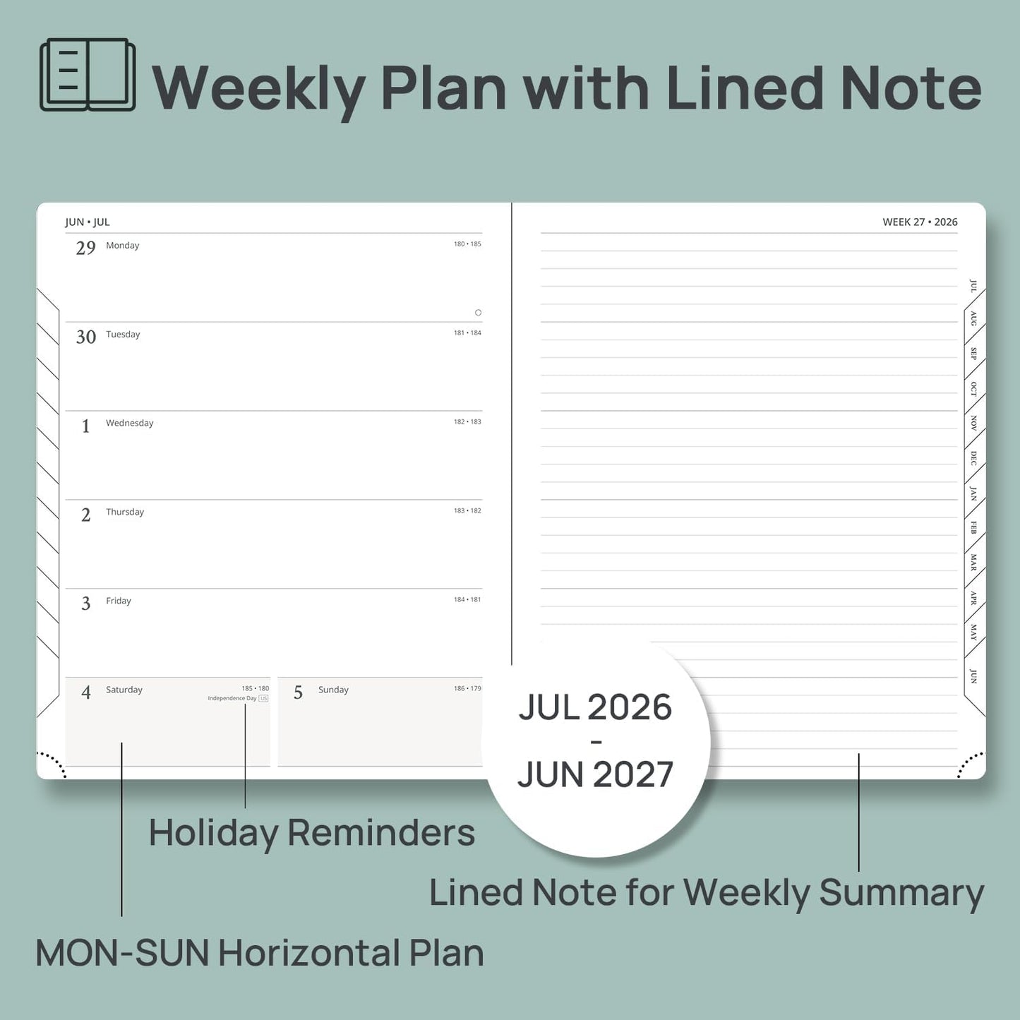 POPRUN Weekly Planner 2026-2027 (Large 8.5''x 10.5'') Academic Calendar (JUL.26 - JUN.27) Appointment Book with Monthly Tabs, Leather Soft Cover, Inner Pocket, 100 GSM - Black