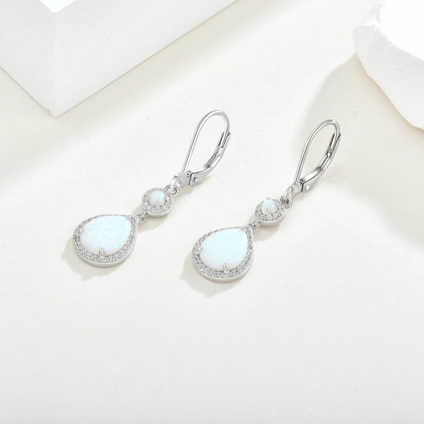 FYNSBLE White Opal Earrings for Women Sterling Silver Dangle Drop Leverback Earrings Hypoallergenic Jewelry for Women