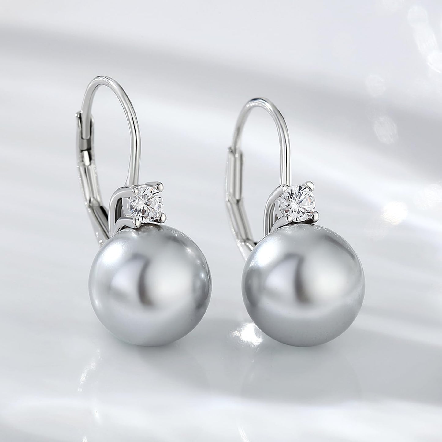 Jiahanzb Pearl Dangle Drop Earring for Women Cubic Zirconia CZ Pearl Leverback Earring Sterling Silver Gray Dangling Earrings 10mm Jewelry
