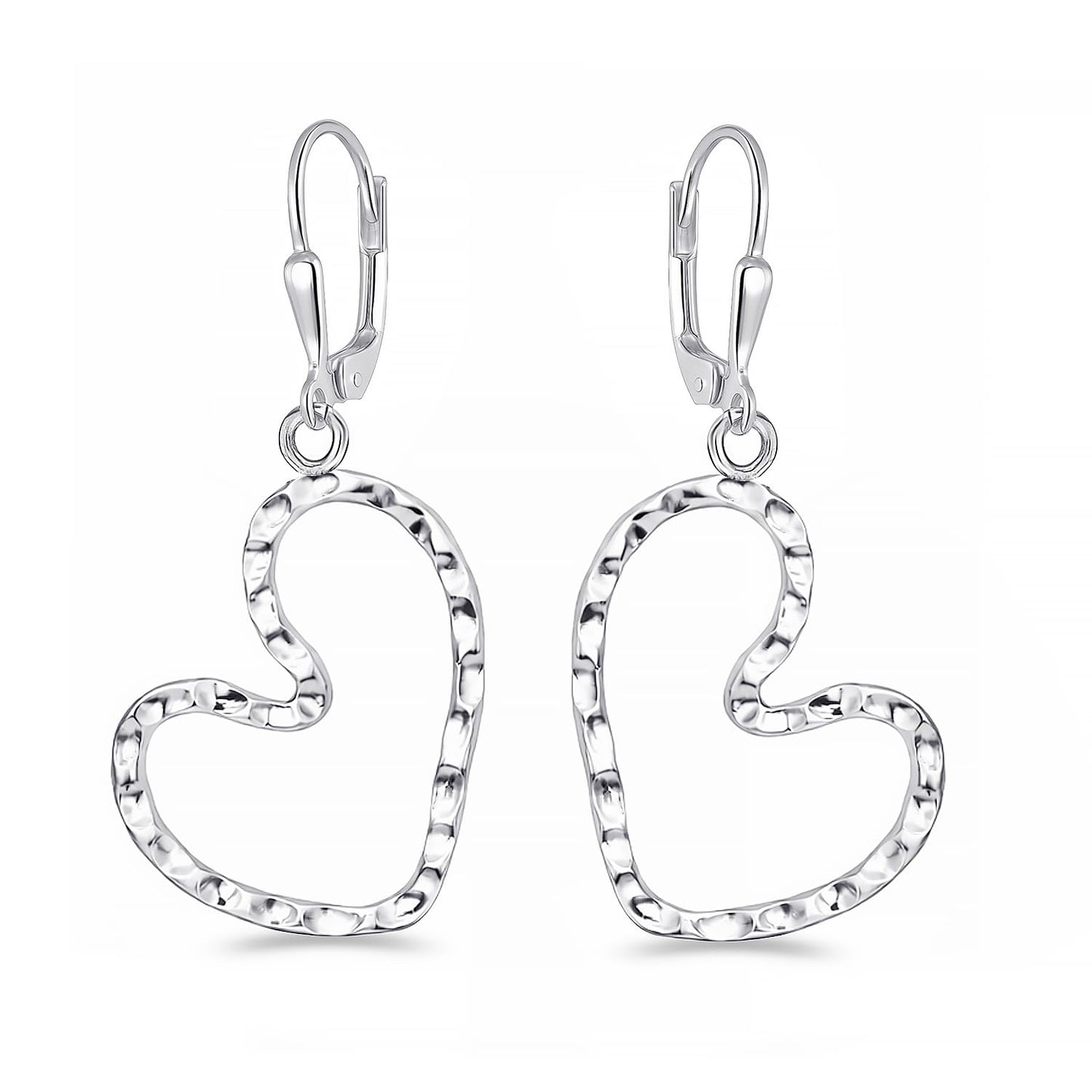 LeCalla 925 Sterling Silver Heart Dangle Earrings for Women | Hammered Silver Open Heart Earring | Romantic Hammered Textured Leverback Dangle Drop Earrings Jewelry 40MM