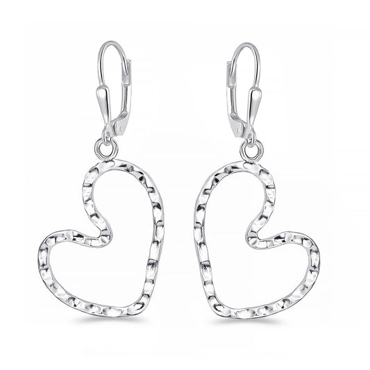 LeCalla 925 Sterling Silver Heart Dangle Earrings for Women | Hammered Silver Open Heart Earring | Romantic Hammered Textured Leverback Dangle Drop Earrings Jewelry 40MM