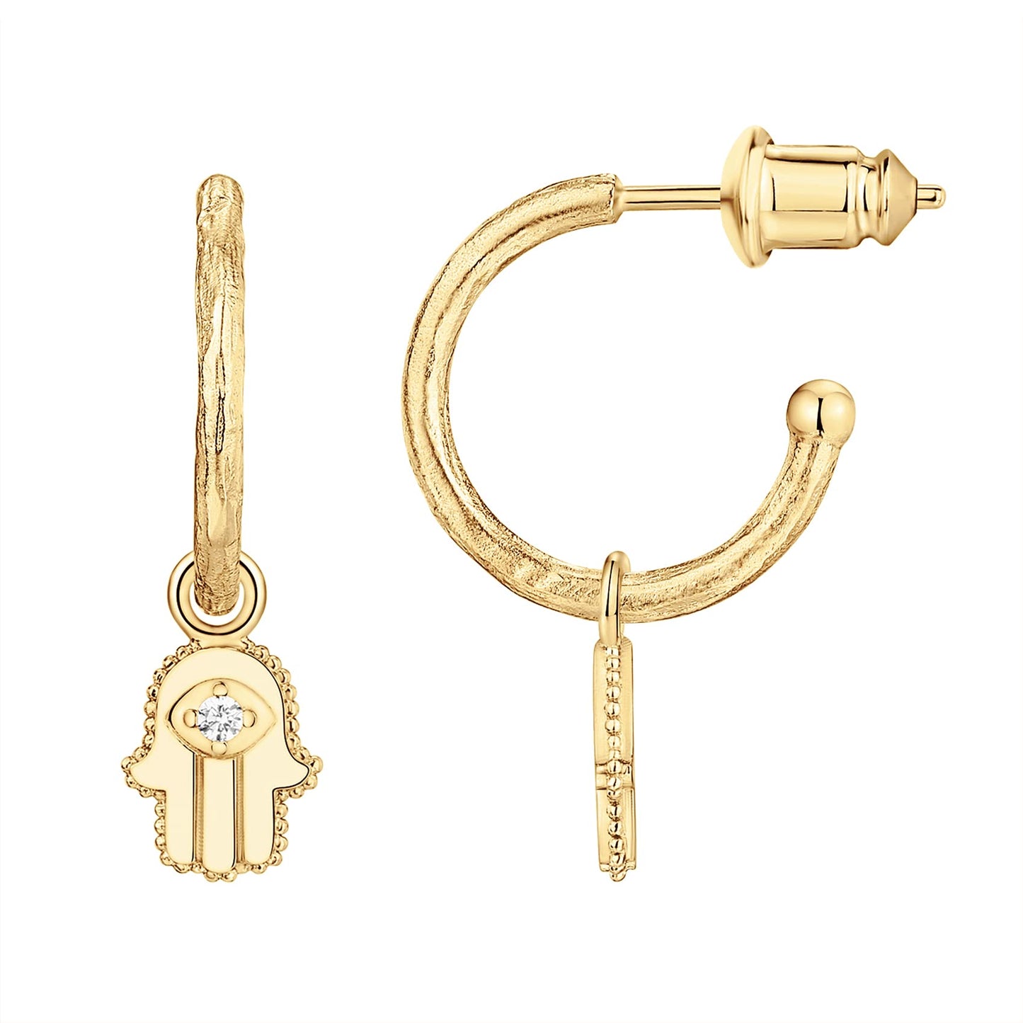 PAVOI 14K Yellow Gold Plated 925 Sterling Silver Post Good Luck Dangle Huggie Hoop Earrings For Women - Trendy Hamsa Drop Open Hoop Earrings - Cubic Zirconia Small Hinged Hammered Huggies