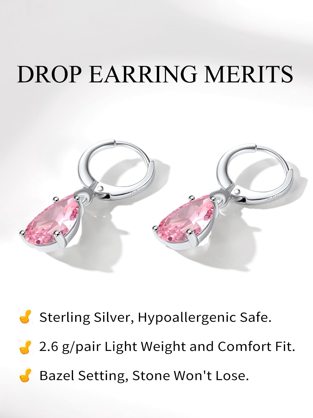 Bestyle Silver Pink Tourmaline Drop Earrings | Hypoallergenic Silver Huggie Hoop Leverback Earrings | Small Sparkle Teardrop October Birthstone Dangle Earrings For Women
