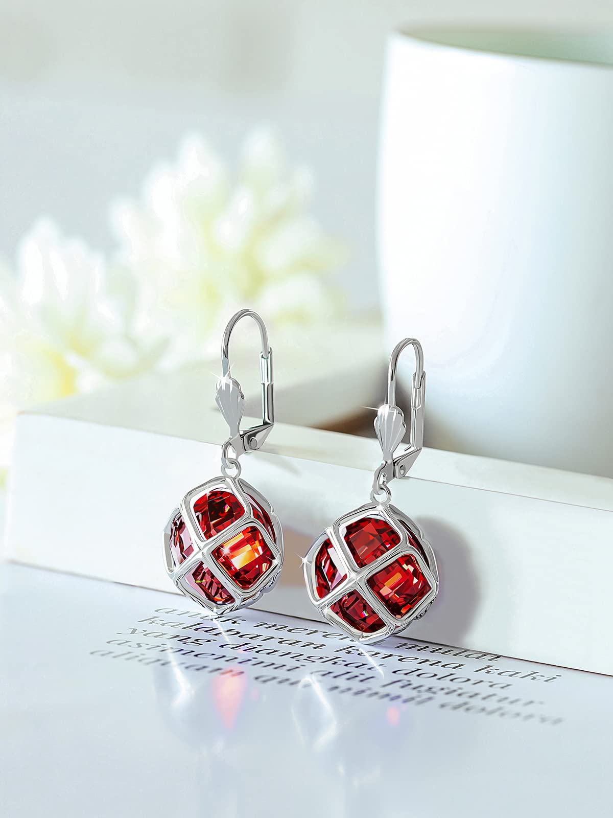 Big Dark Red Crystal Dangle Earrings for Women (Jan-Garnet-White Gold)