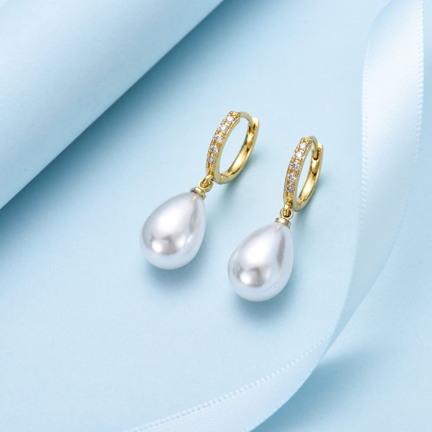 CERSLIMO Gold Pearl Drop Earrings for Women | S925 Sterling Silver Post Simulated Shell Teardrop Pearl Hoop Dangle Earrings, Hypoallergenic Cubic Zirconia Huggies Earrings Bridesmaid Jewelry