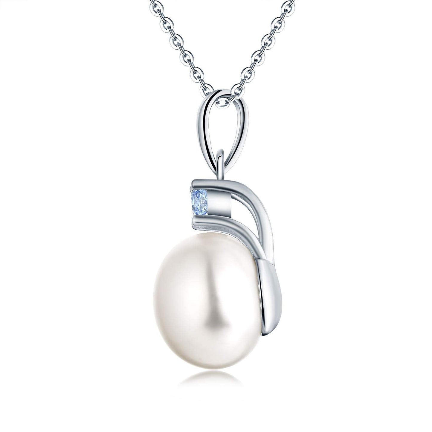 JO WISDOM Women Necklace,925 Sterling Silver Cubic Zirconia 10mm White Freshwater Pearl Pendant Necklace,March Birthstone Aquamarine Color