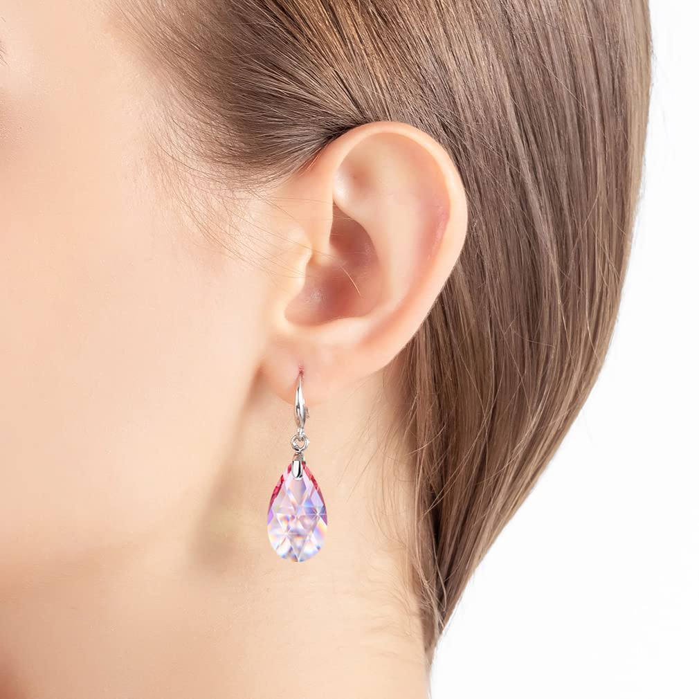 Austrian Crystal Teardrop Dangle Hook Drop Earrings for Women 14K Gold Plated Hypoallergenic Jewelry (Pink)