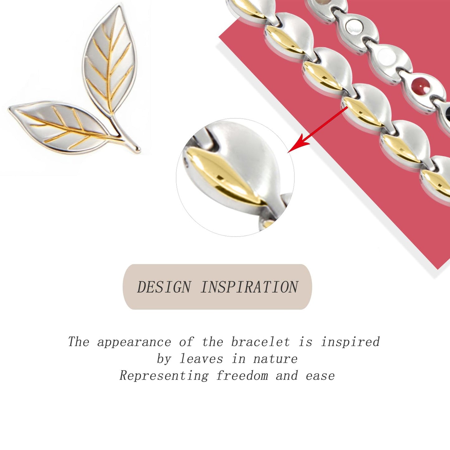 KYOSI Magnetic Bracelets for Women Stainless Steel Womens Magnet Bracelet Leaf Shape Fashion Christmas Gift (Silver&Gold, 7.87 inches)