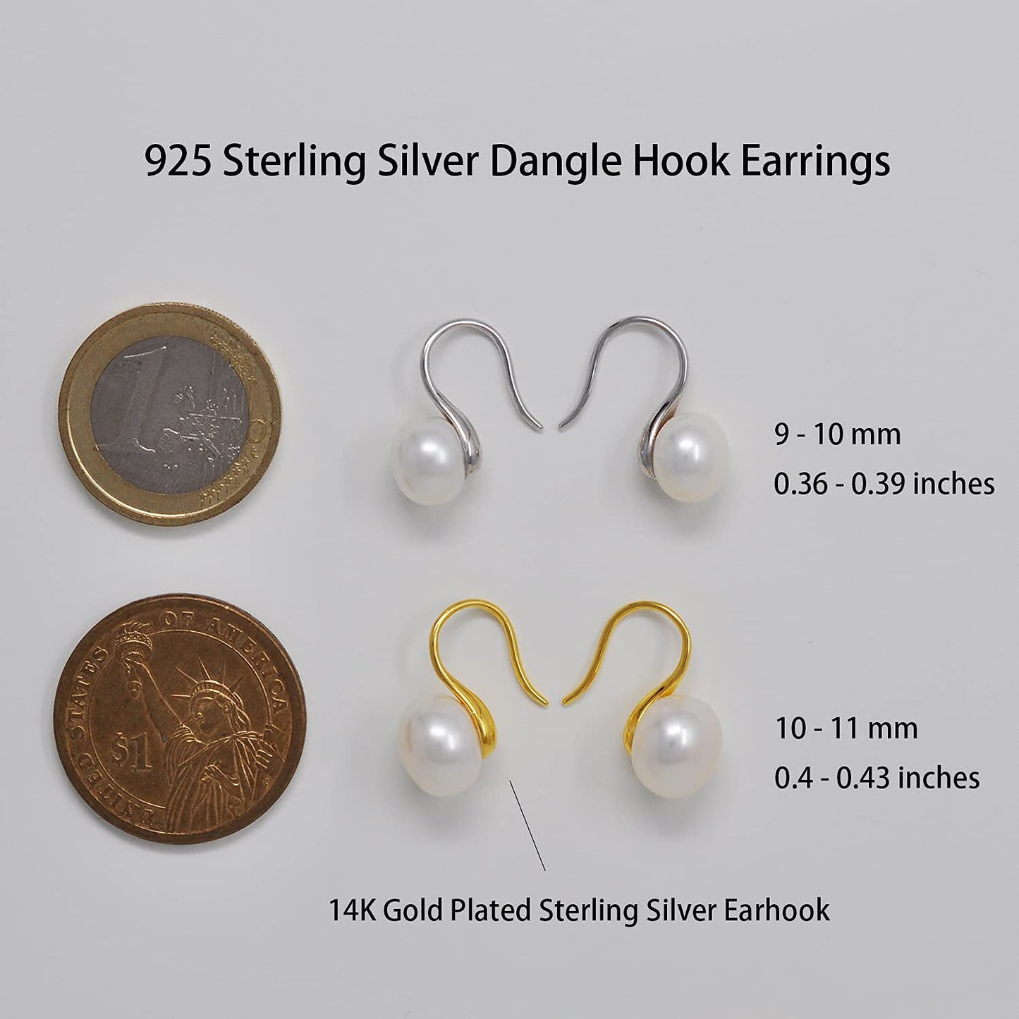 Alevel 10-11mm Freshwater Cultured Pearl, 14K Gold Plated 925 Sterling Silver Dangle Hook Earrings, Women Gifts