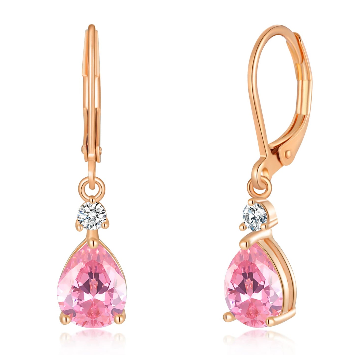 CiNily Leverback Dangle Earrings for Women 14K Rose Gold Plated Drop Earrings Pink Cubic Zircon Fashion Teardrop Hoop Earrings Hypoallergenic Jewelry