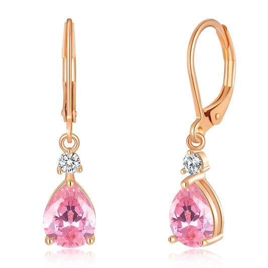 CiNily Leverback Dangle Earrings for Women 14K Rose Gold Plated Drop Earrings Pink Cubic Zircon Fashion Teardrop Hoop Earrings Hypoallergenic Jewelry