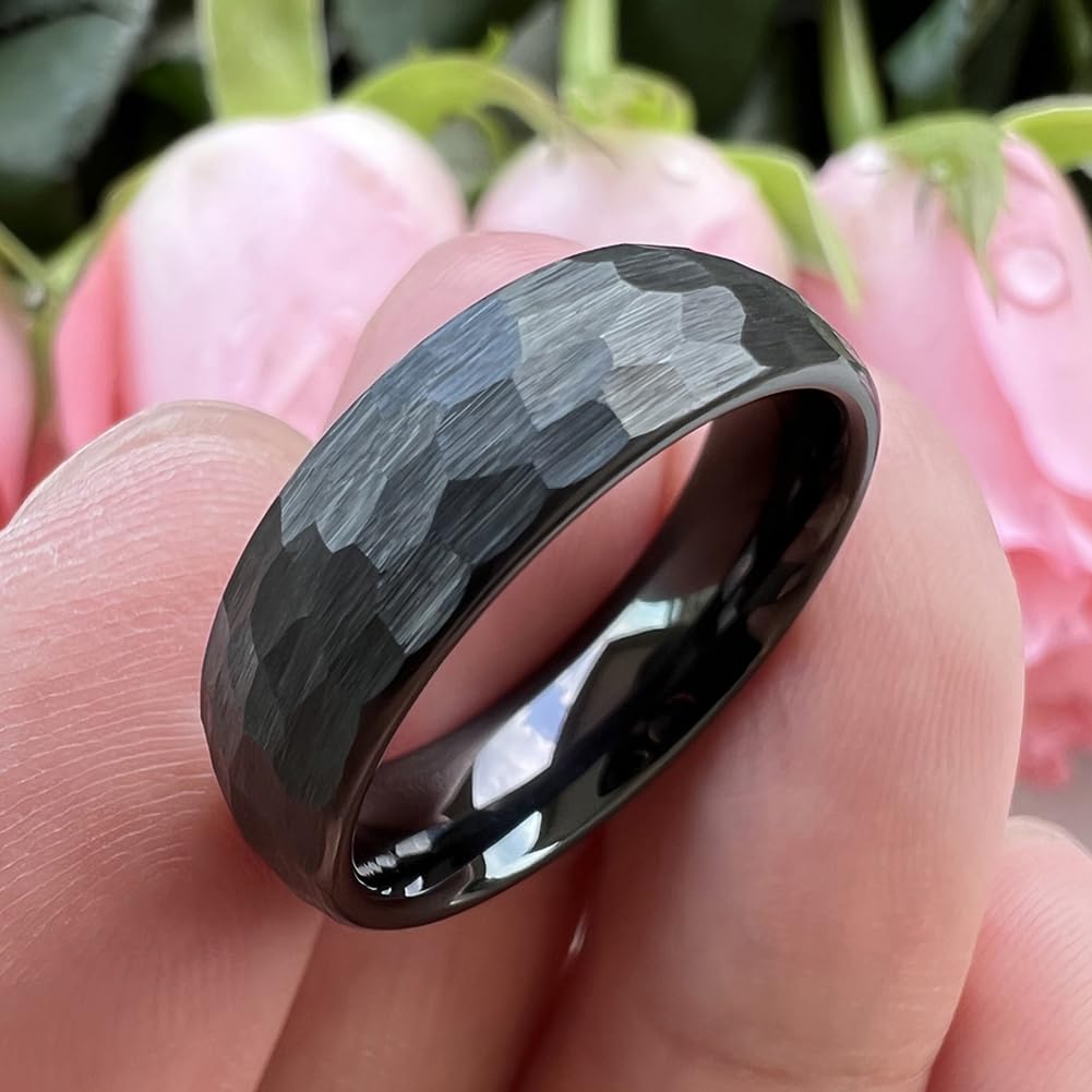 TUTISS 6mm Black Hammered Tungsten Carbide Rings for Men Women Engagement Wedding Bands Domed I Love You Engraved Comfort Fit Size 7
