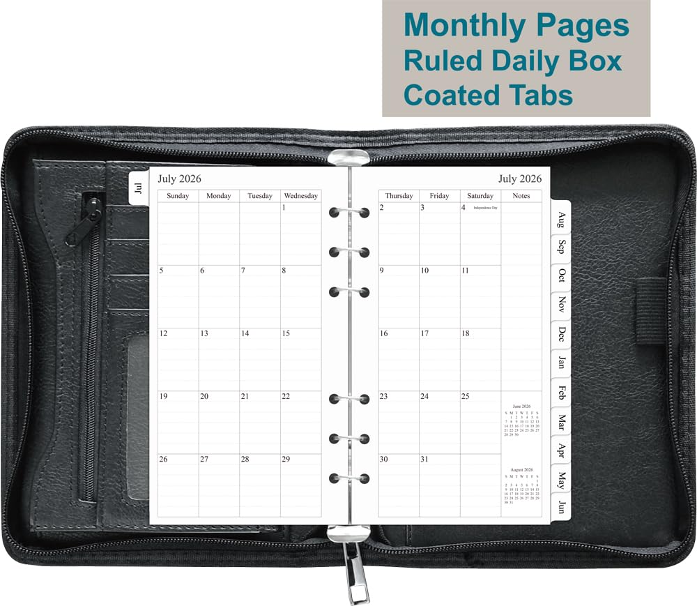 Fan&Ran 2026-2027 Zipped Planner Organizer, Weekly and Monthly Refills with Simulated Leather Cover, Personal Size, Black