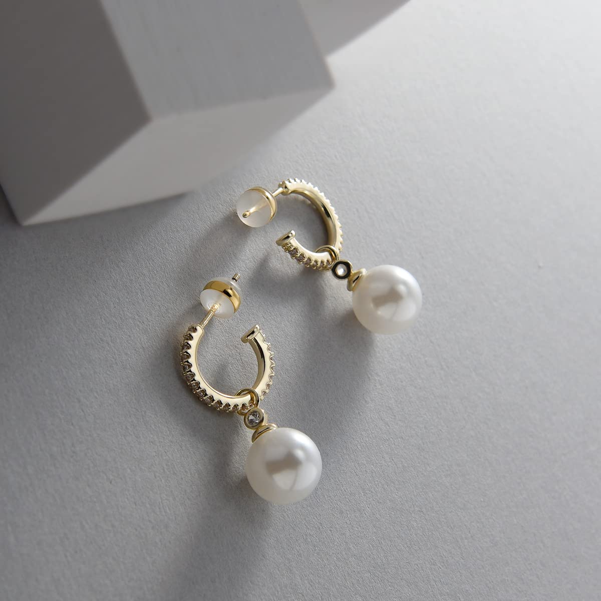 KZZENKI 14k Gold Pearl Earrings for Women, Sterling Silver Post Bridal Pearl Earrings Drop Dangle Earrings Cubic Zirconia Open Hoop earrings Jewelry Trendy